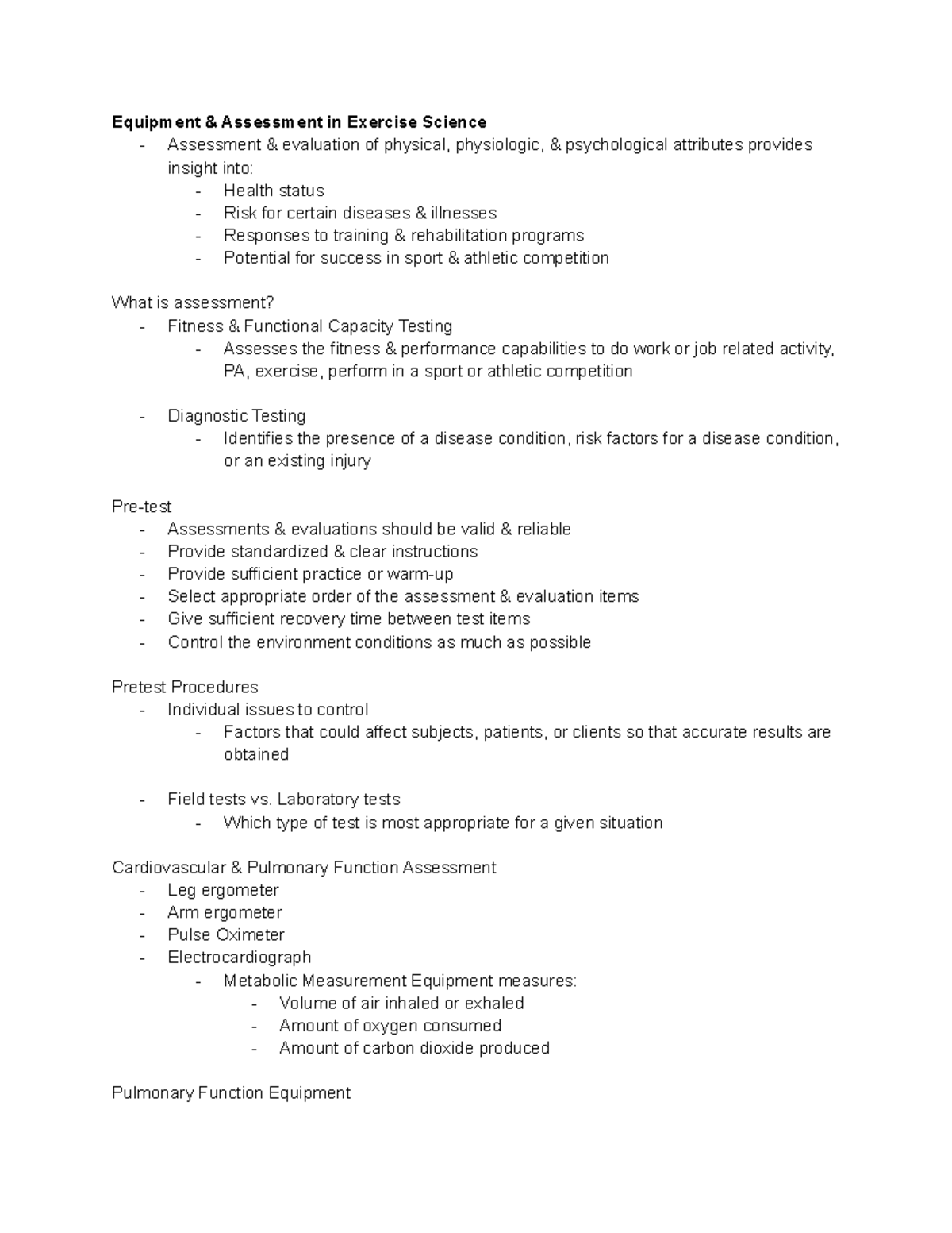 Exercise Science Chapter 10 Equipment & Assessment in Exercise
