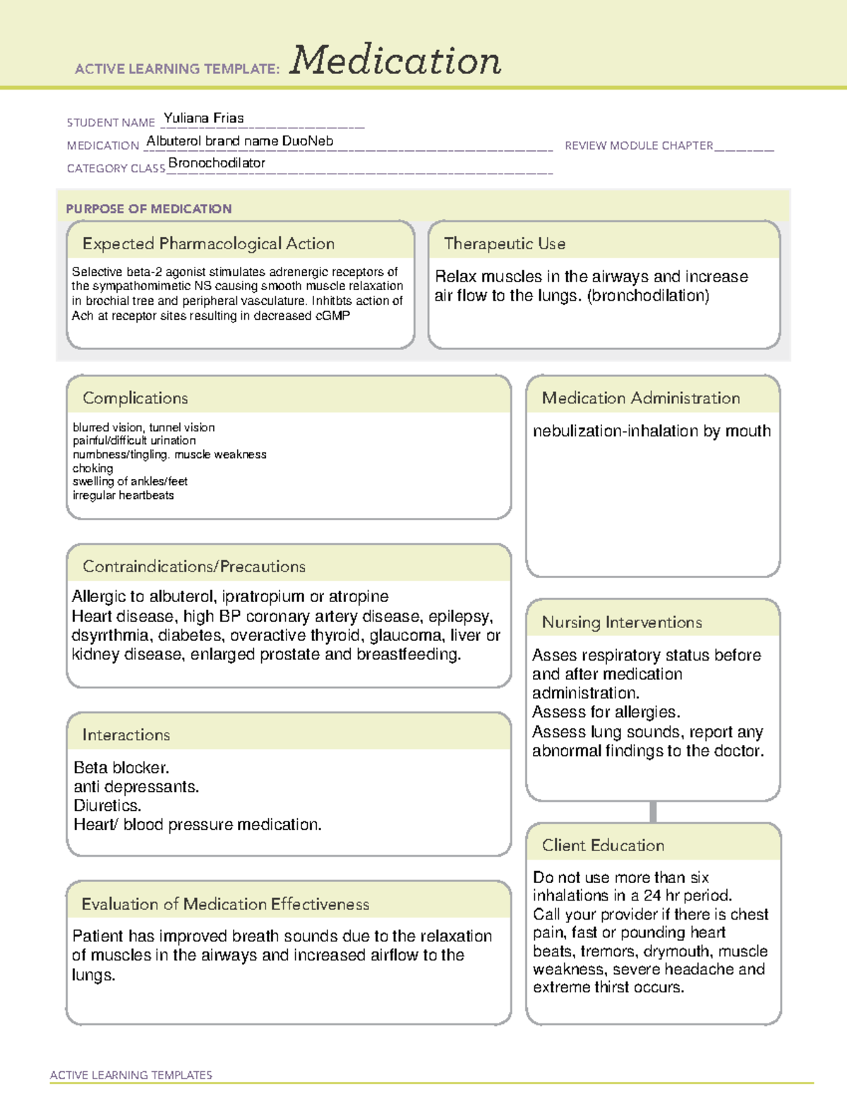 Medication Card Albuterol - ACTIVE LEARNING TEMPLATES Medication ...