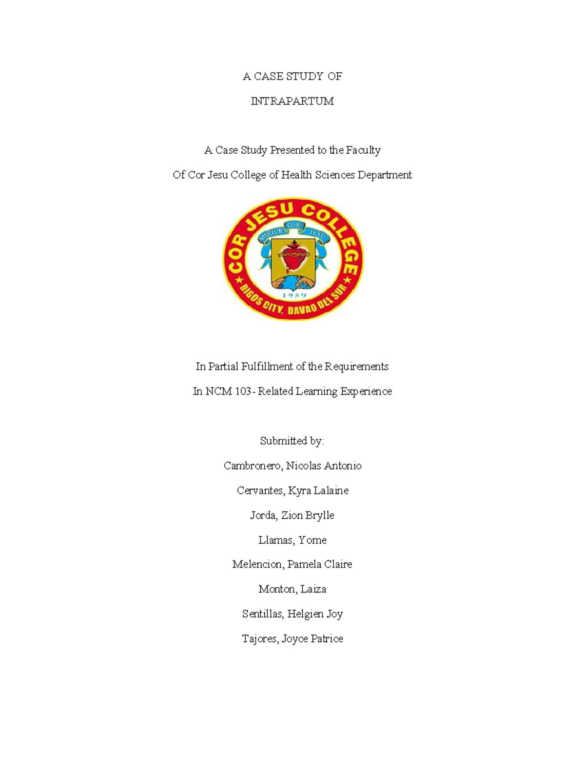CASE Study Revised 2 final - A CASE STUDY OF INTRAPARTUM A Case Study ...