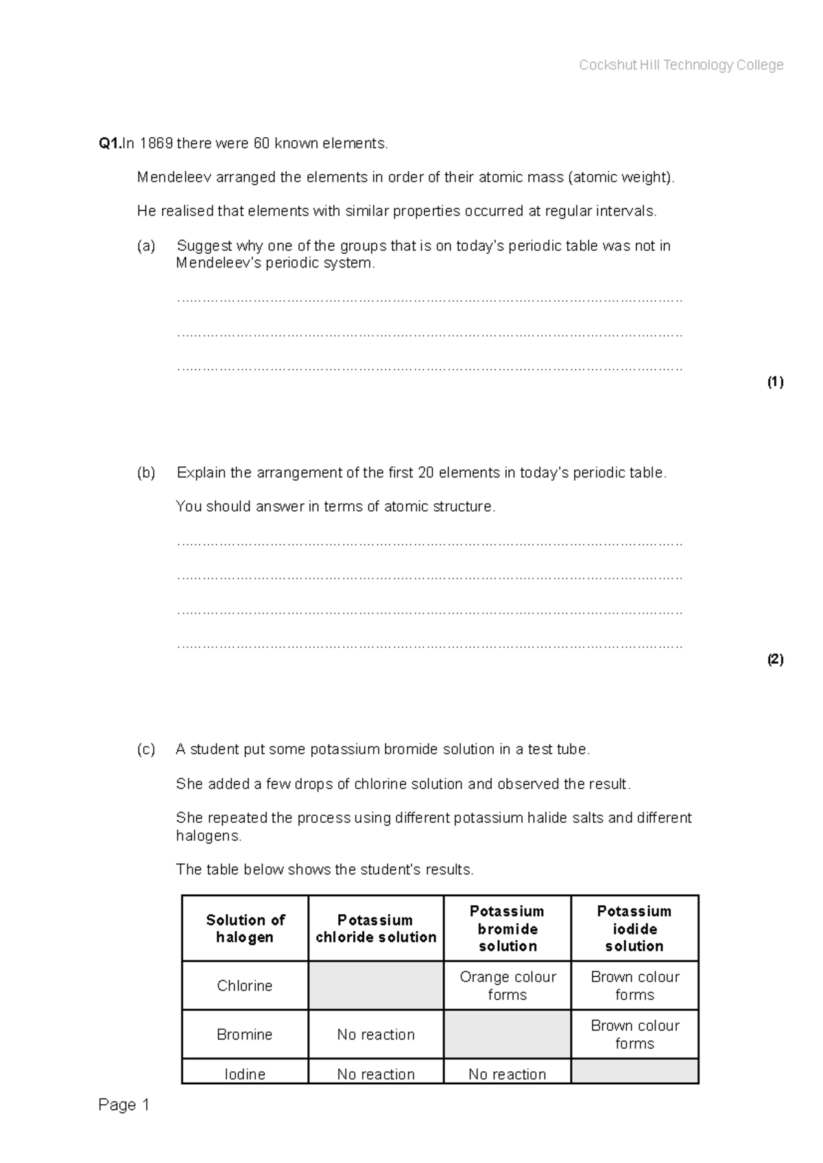Periodic table questions - Q1 1869 there were 60 known elements ...