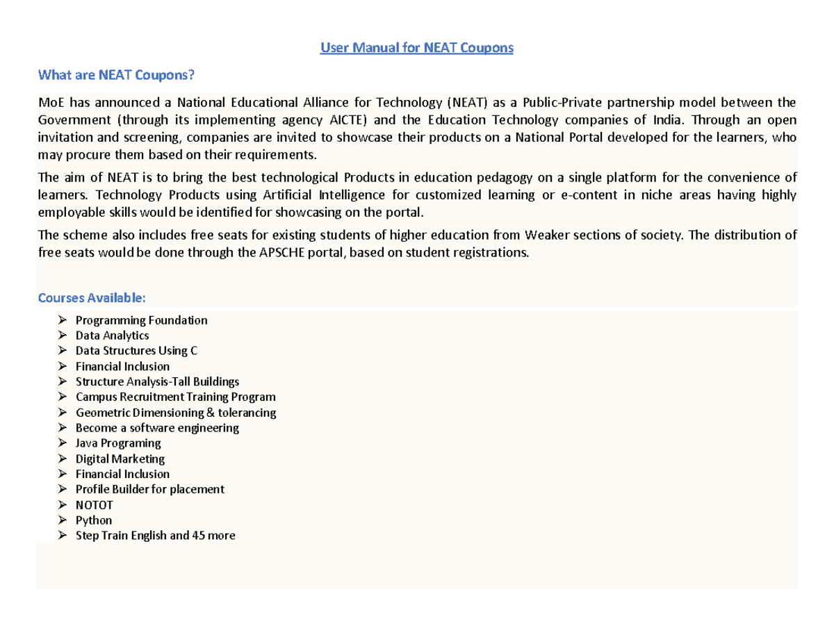 User manual for NEAT coupons User Manual for NEAT Coupons What are
