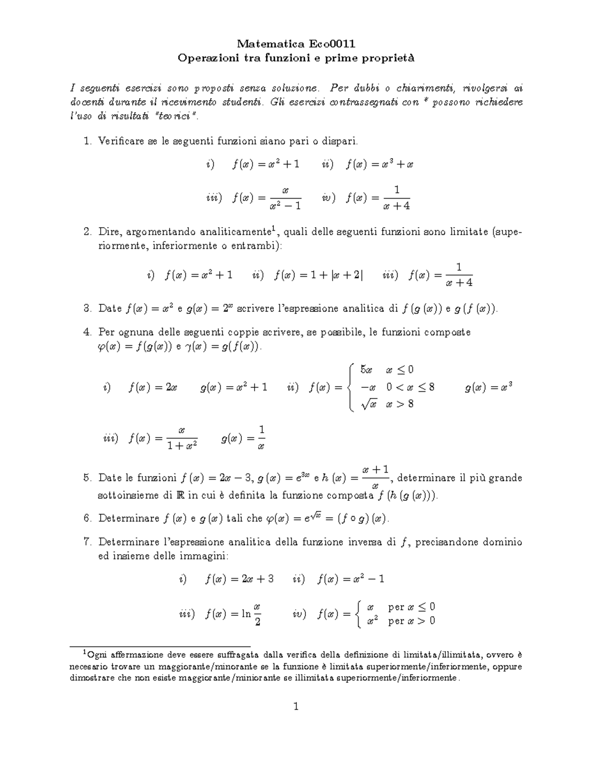 03 Operazioni E Proprieta Funzioni Matematica Eco0011 Operazioni Tra Funzioni Studocu
