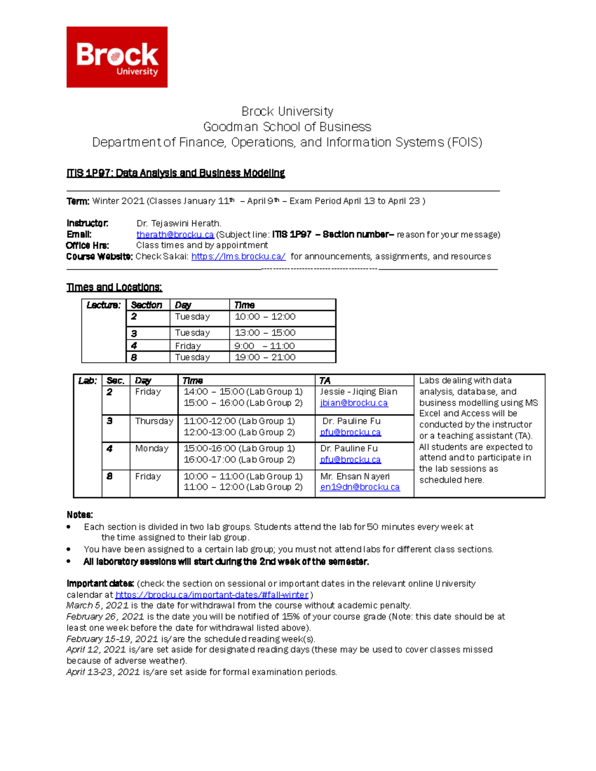 ITIS 1P97 Syllabus - Brock University Goodman School Of Business ...