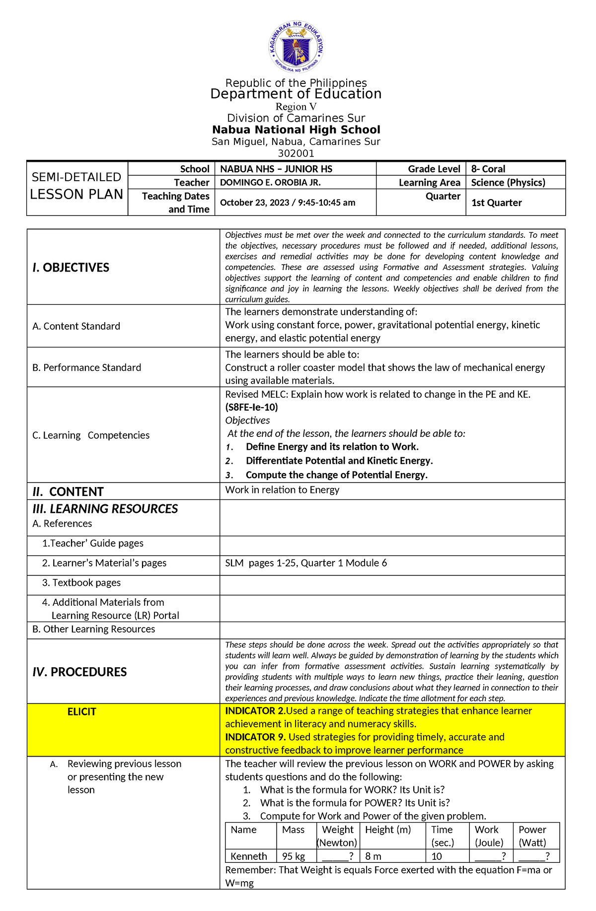 Lesson Plan- Class Observation Tool For Quarter 1 - Republic Of The 