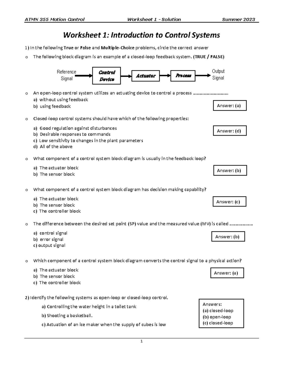 Worksheet 1 Solution - ATMN 355 Motion Control Worksheet 1 - Solution ...