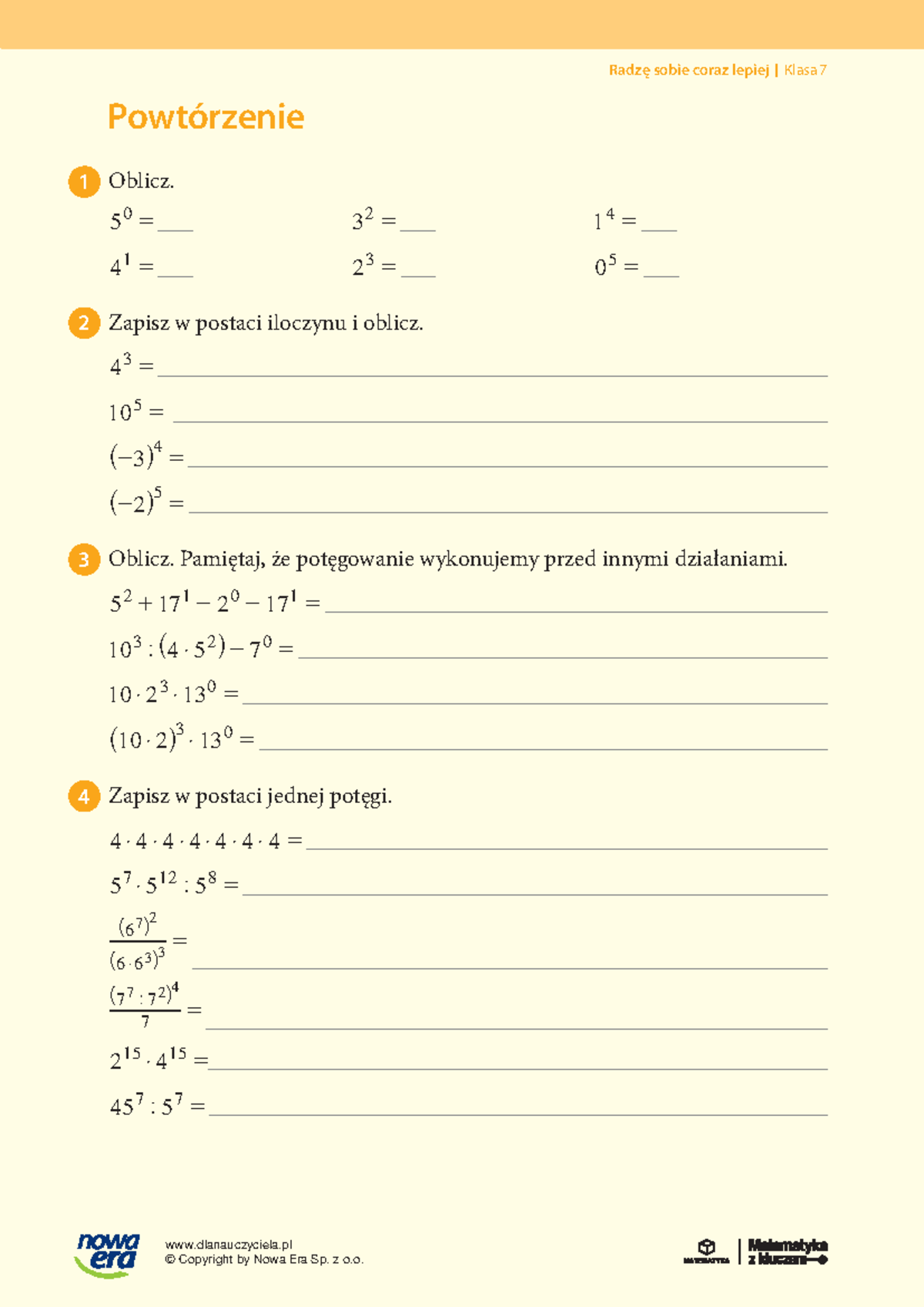 matma klasa 7 dział potęgi - Powtórzenie Oblicz. 5 0 = 4 1 = 3 2 = 2 3