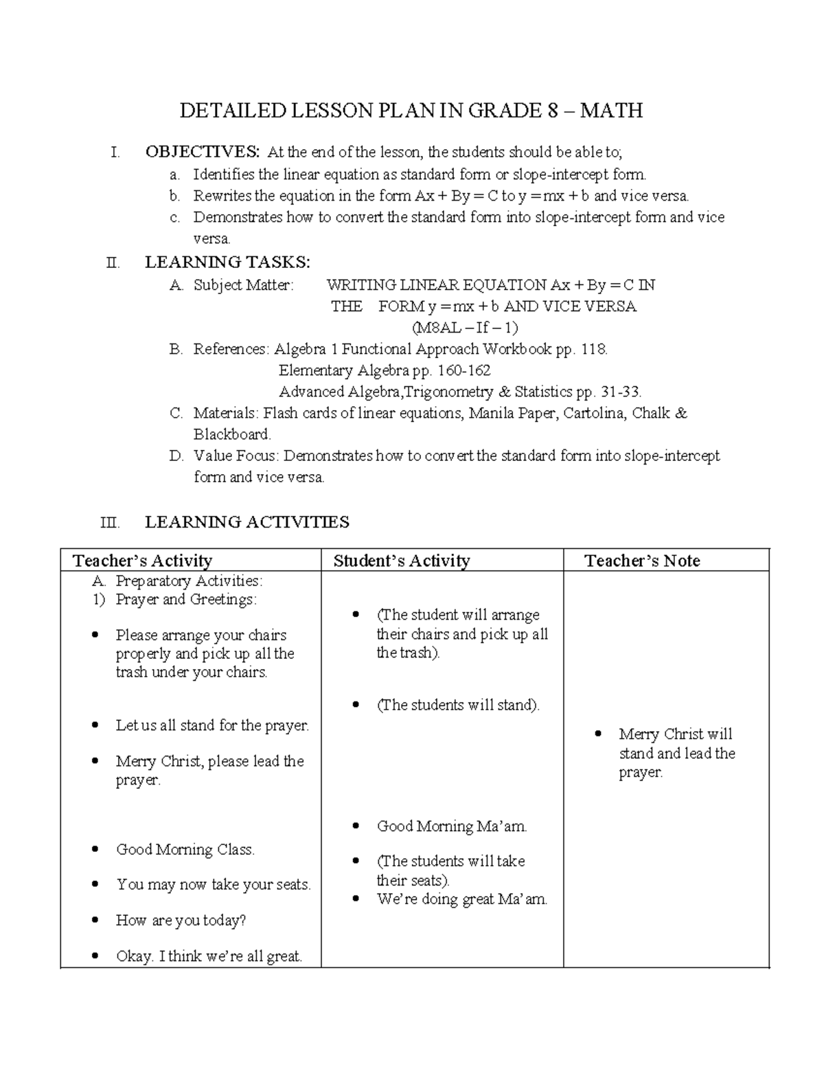 Lesson PLAN in secondary - DETAILED LESSON PLAN IN GRADE 8 – MATH I ...