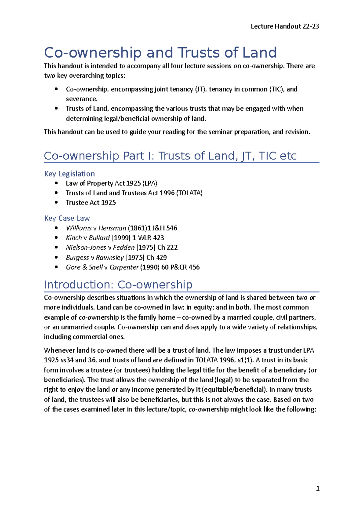 Co-ownership Handout - Co-ownership and Trusts of Land This handout is ...