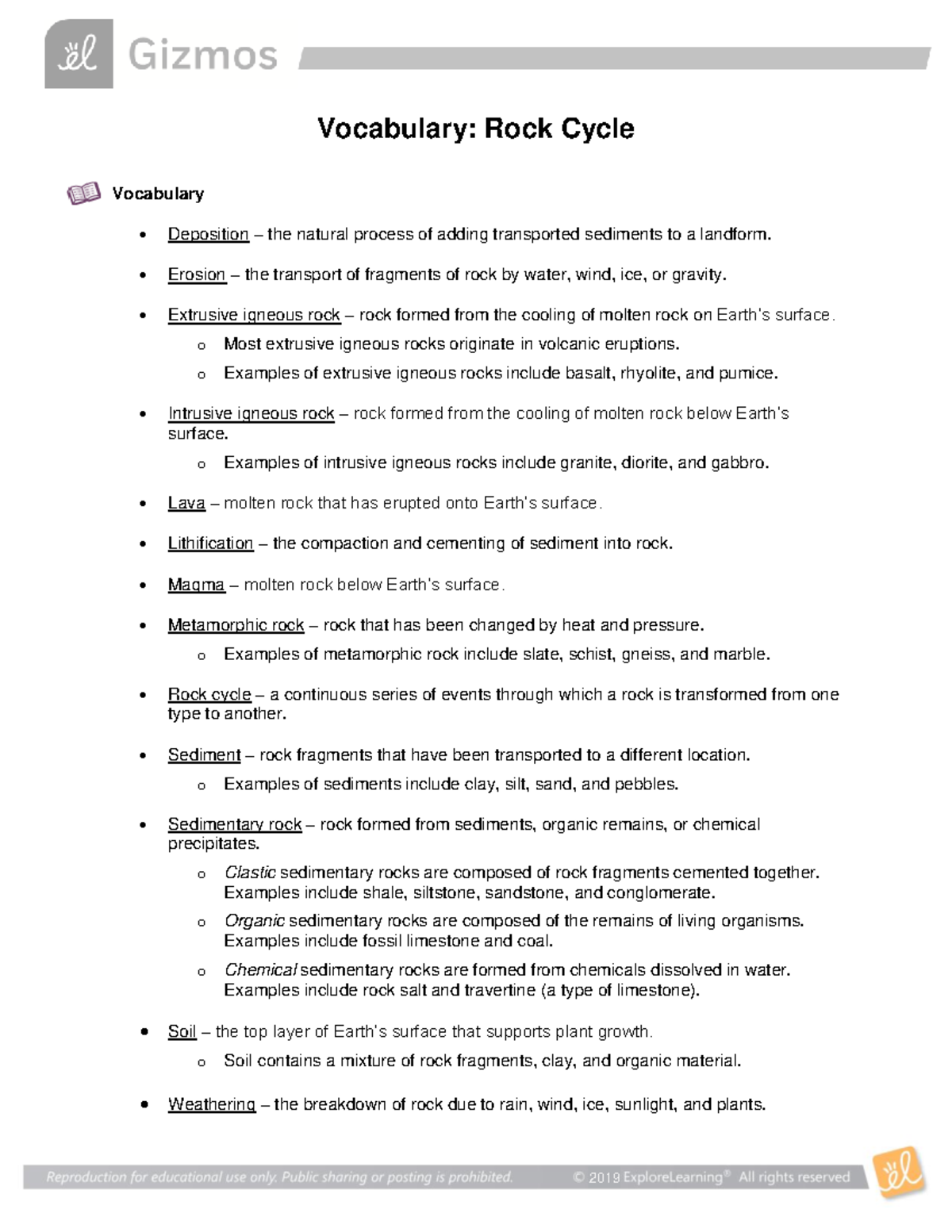 Rock Cycle Vocab Use this for your gizmos 2019 Vocabulary Rock