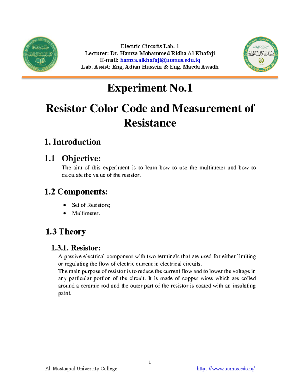 Resistor Color Code and Measurement of Resistance 1 Experiment No