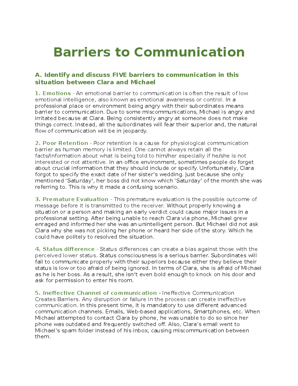 Homework 4 Barriers to Communication A. Identify and discuss FIVE