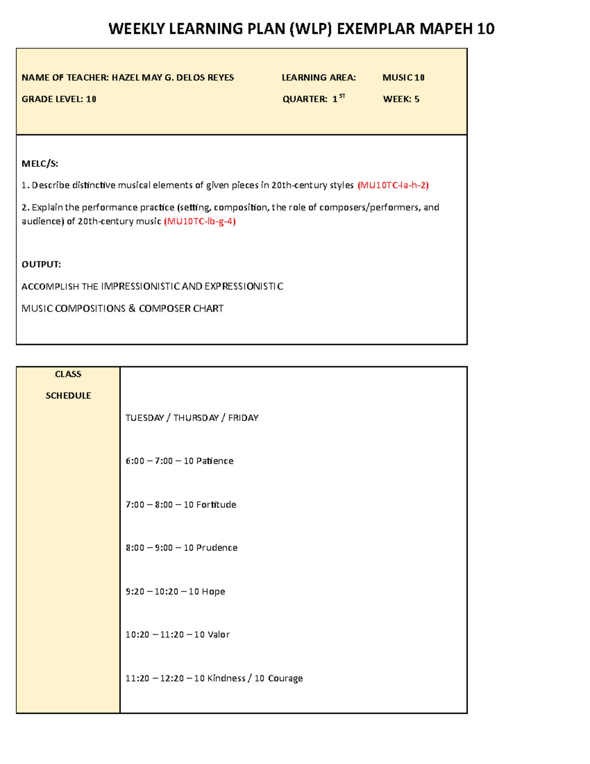 WLP-Q1-W5- Music- Delos Reyes, Hazel MAY G - WEEKLY LEARNING PLAN (WLP ...