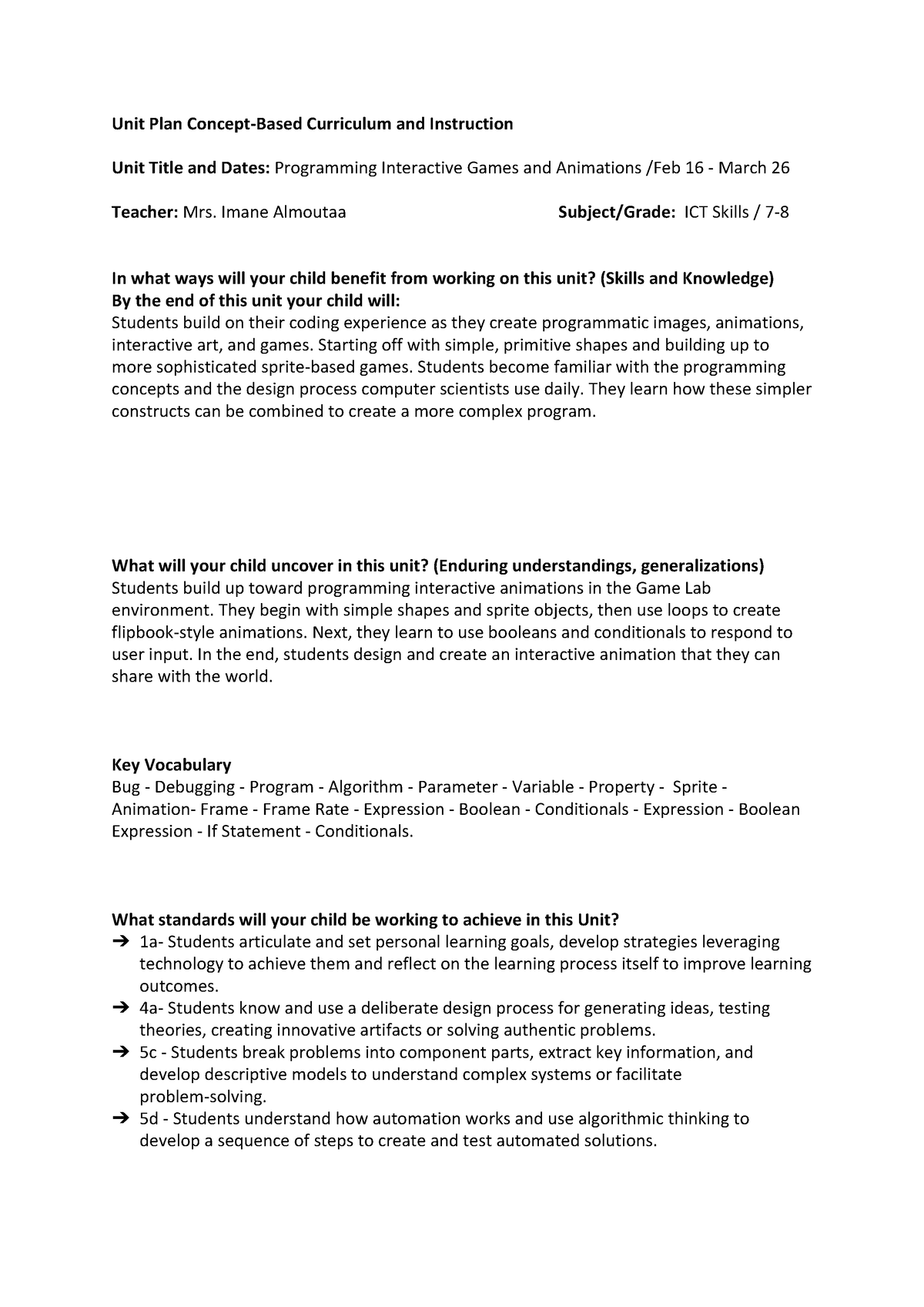 Based Curriculum And Instruction Unit Plan Concept Based Curriculum 