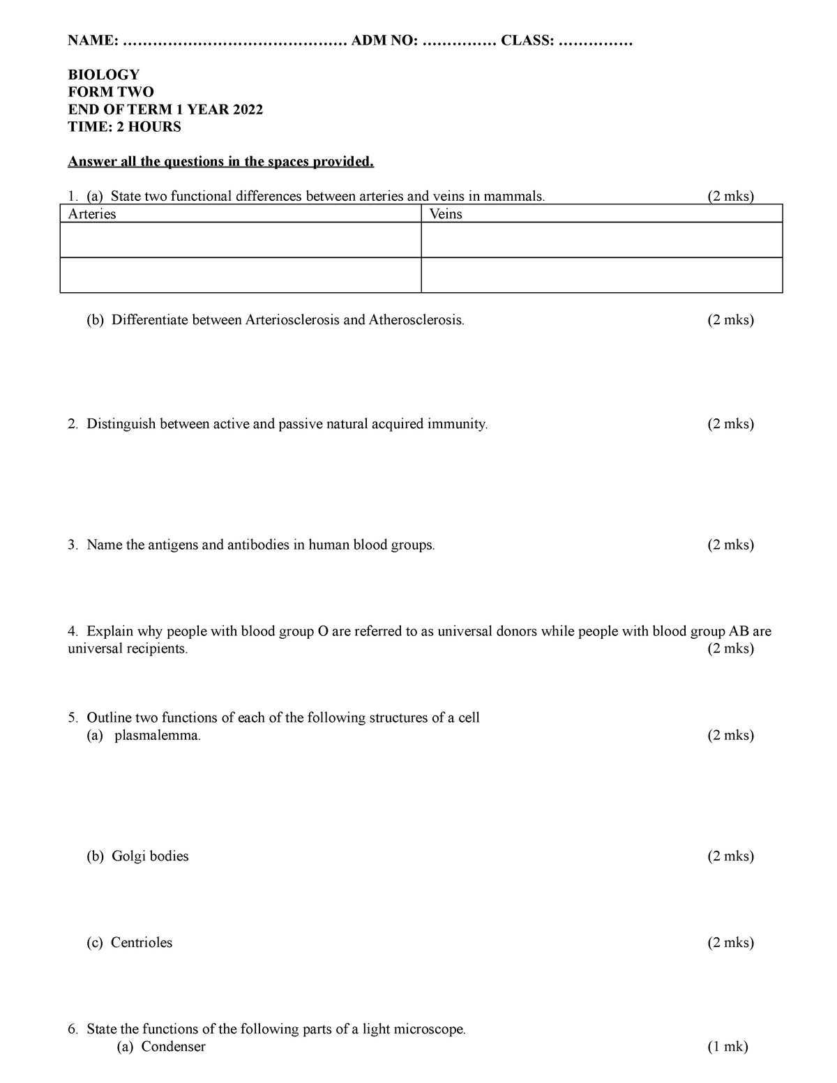 biology form 2 holiday assignment