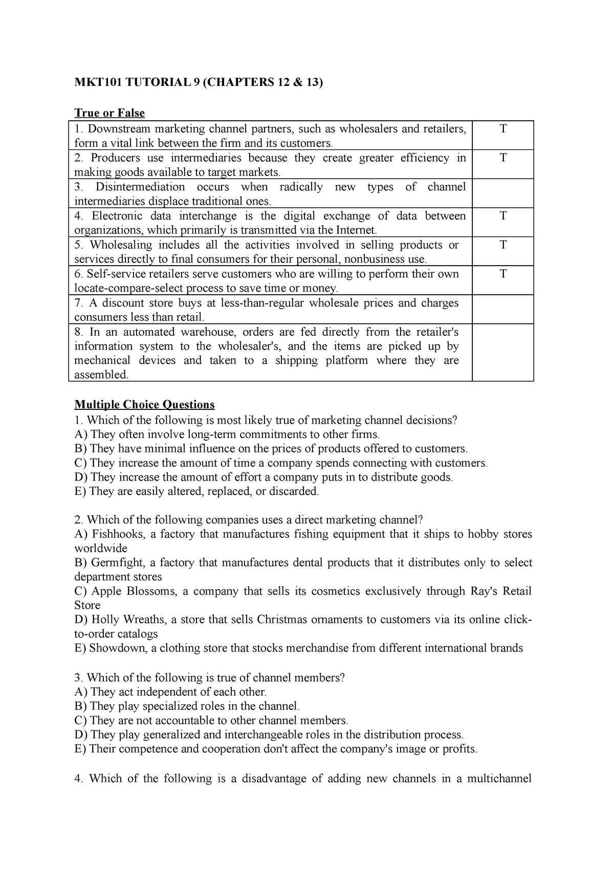 MKT101- Tutorial-9 - ..... - MKT101 TUTORIAL 9 (CHAPTERS 12 & 13) True ...