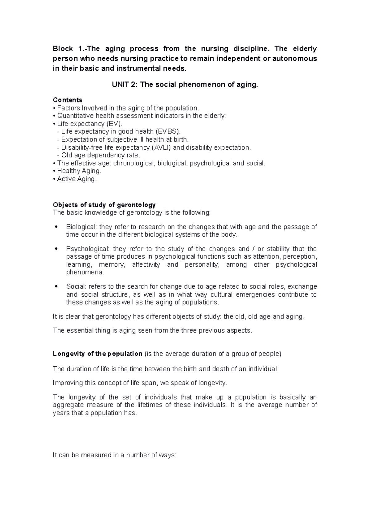 Unit 2 - Lecture notes 2 - Block 1.-The aging process from the nursing ...
