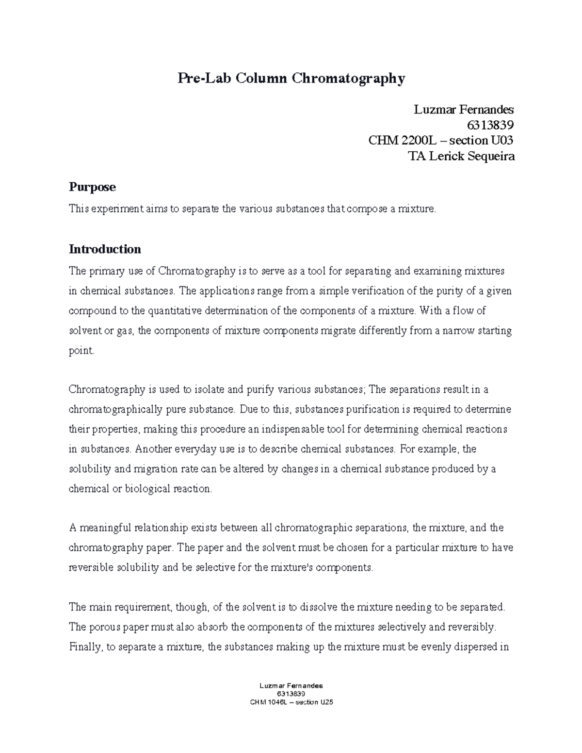 PreLab Column Chromatography Luzmar Fernandes 6313839 CHM 1046L 3