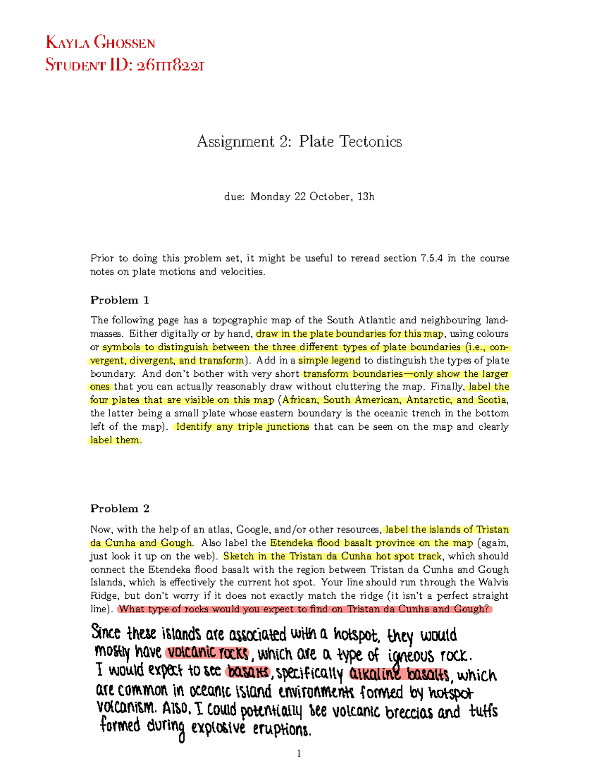 Assignment 2 - 5 in the course notes on plate motions and velocities ...