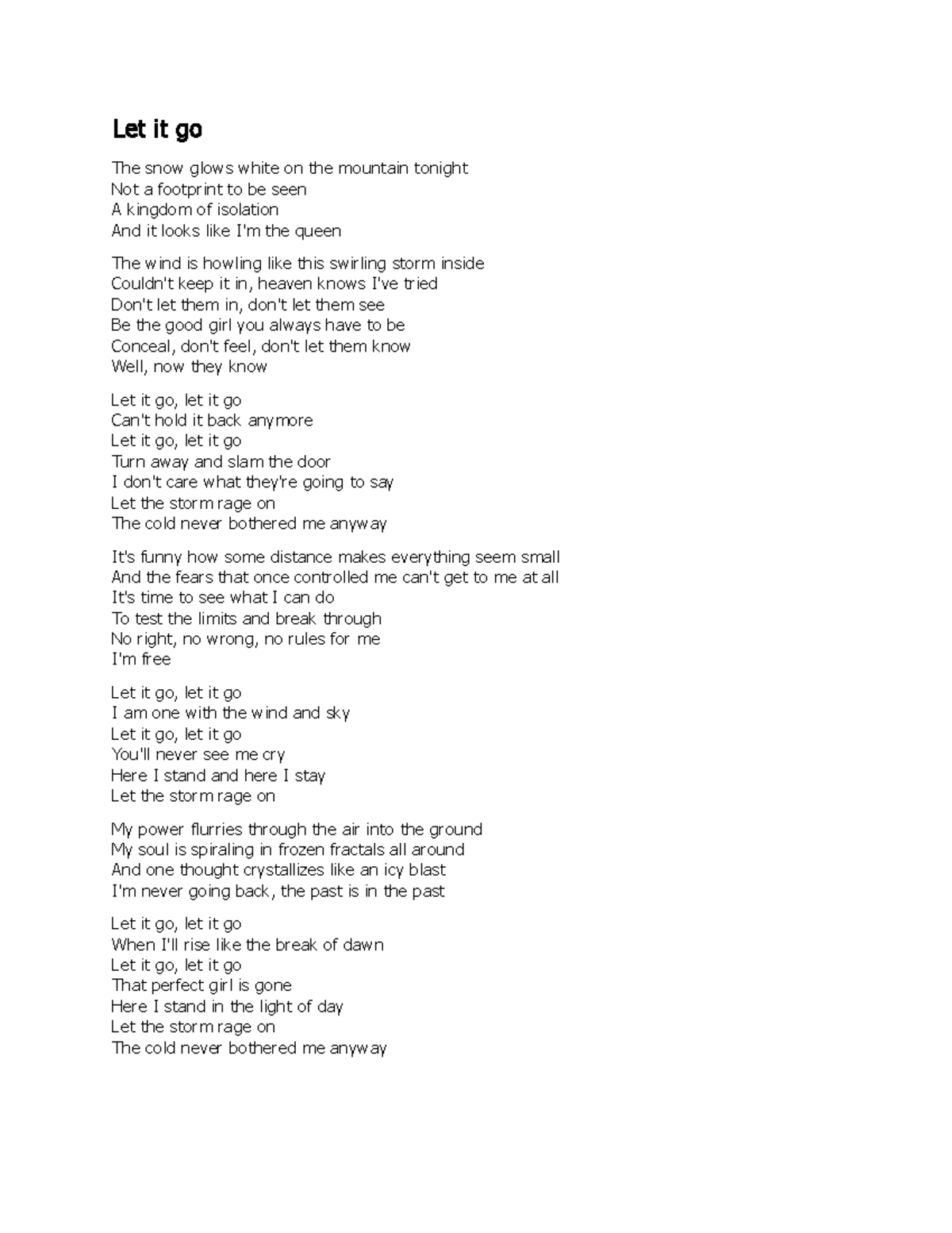 Let it go Song of music Let it go The snow glows white on the