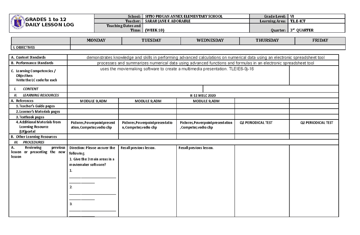 DLL TLE ICT 6 Q3 W10 - BBVFF - GRADES 1 to 12 DAILY LESSON LOG School ...