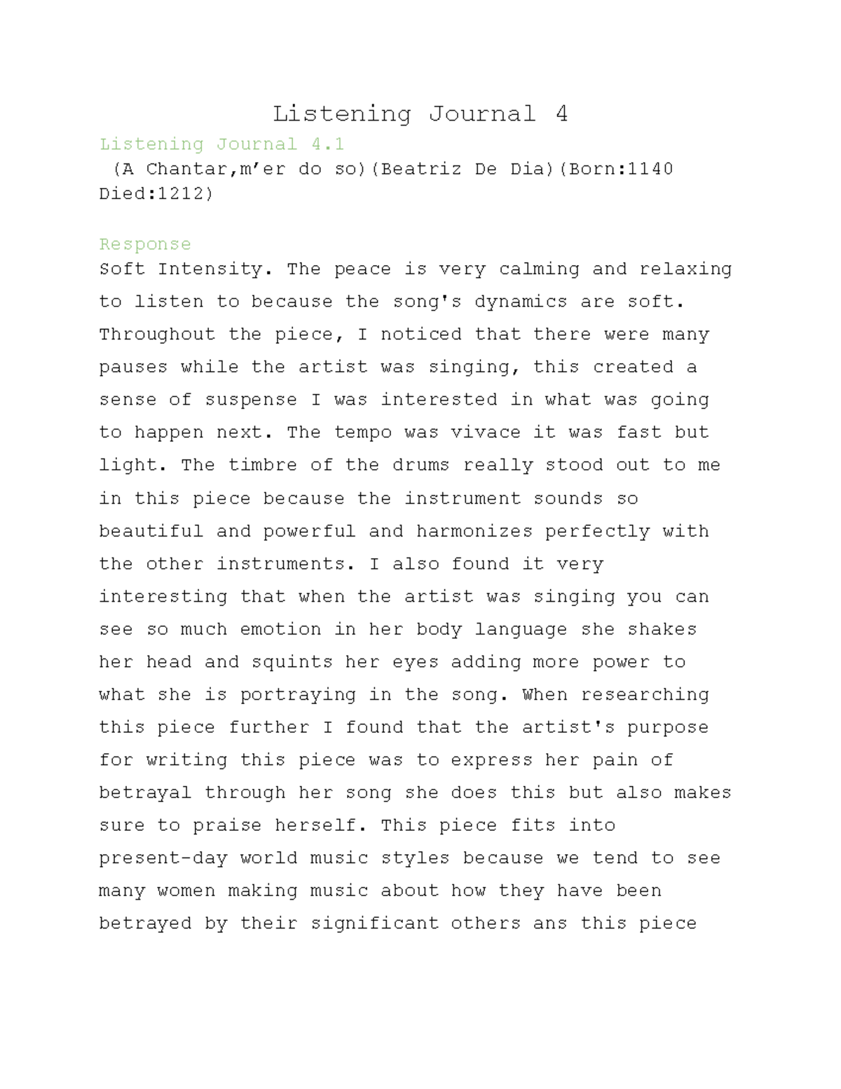 Listening Journal 4 Women, Music, Culture Listening Journal 4
