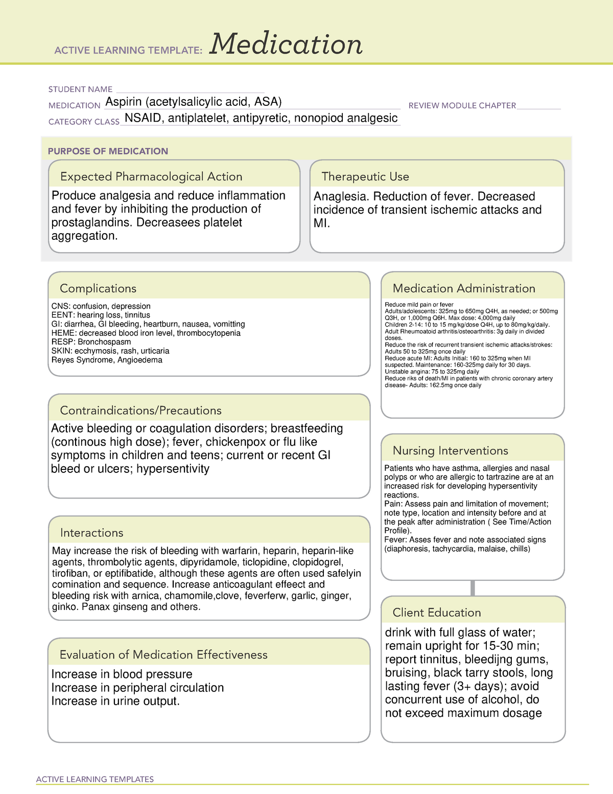Med Card- aspirin - Med Cards - ACTIVE LEARNING TEMPLATES Throughout Med Cards Template