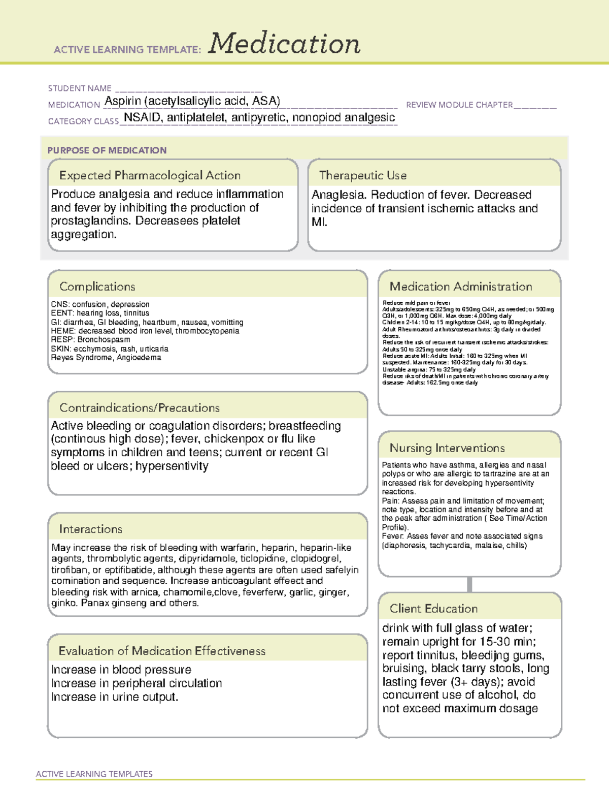 Med Card Aspirin Med Cards ACTIVE LEARNING TEMPLATES Medication 