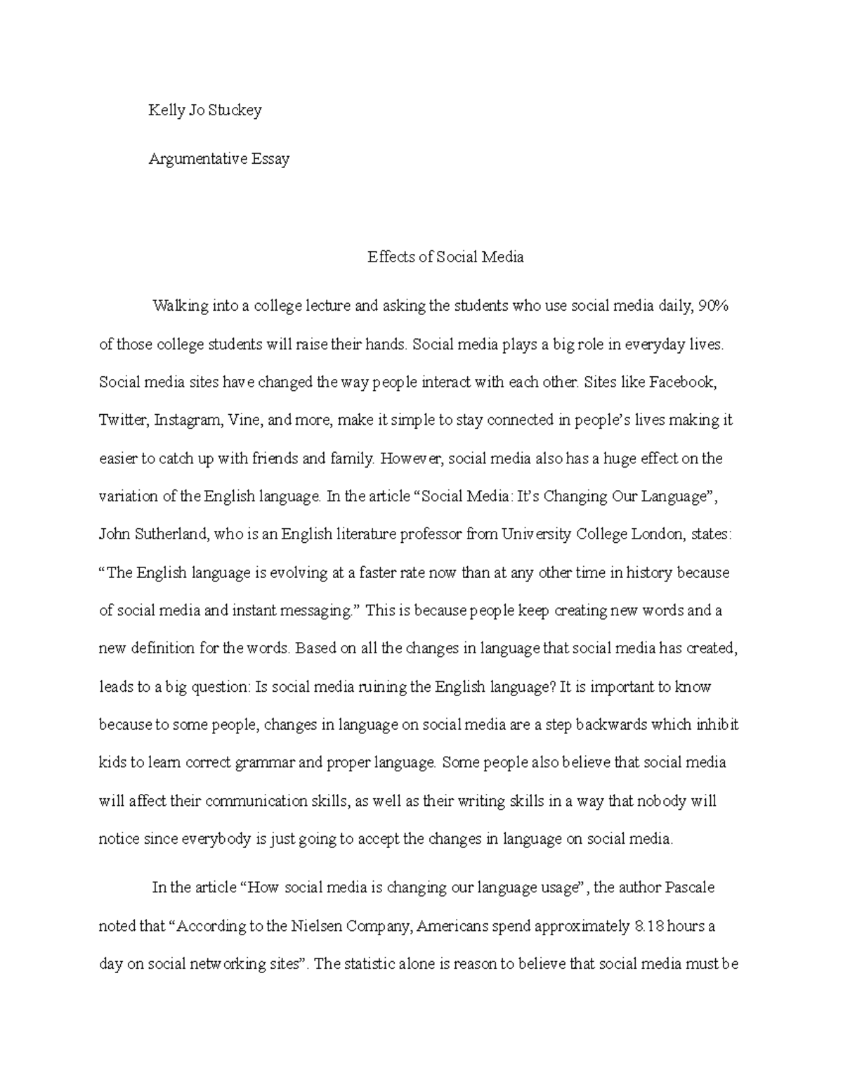 Argumentative Essay Kelly Jo Stuckey Argumentative Essay Effects Of 