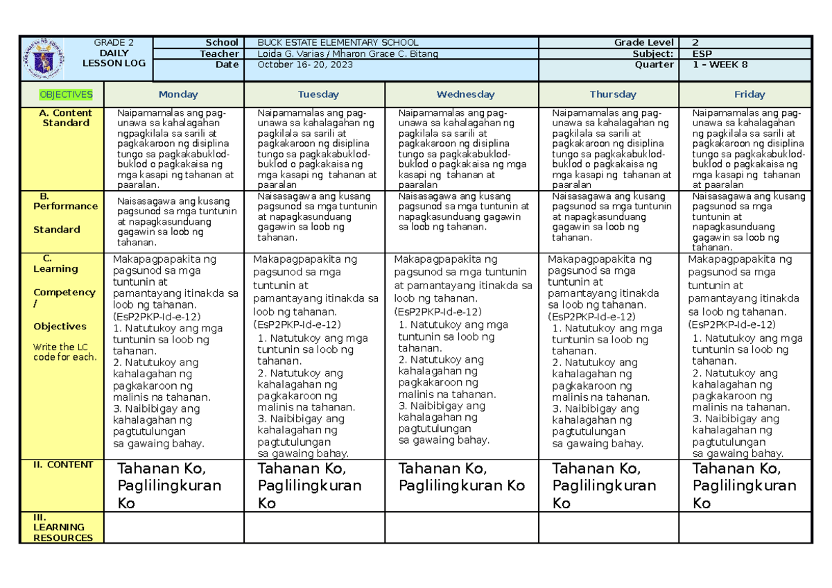 WEEK8-dll-ESP - lesson plan - GRADE 2 DAILY LESSON LOG School BUCK ...