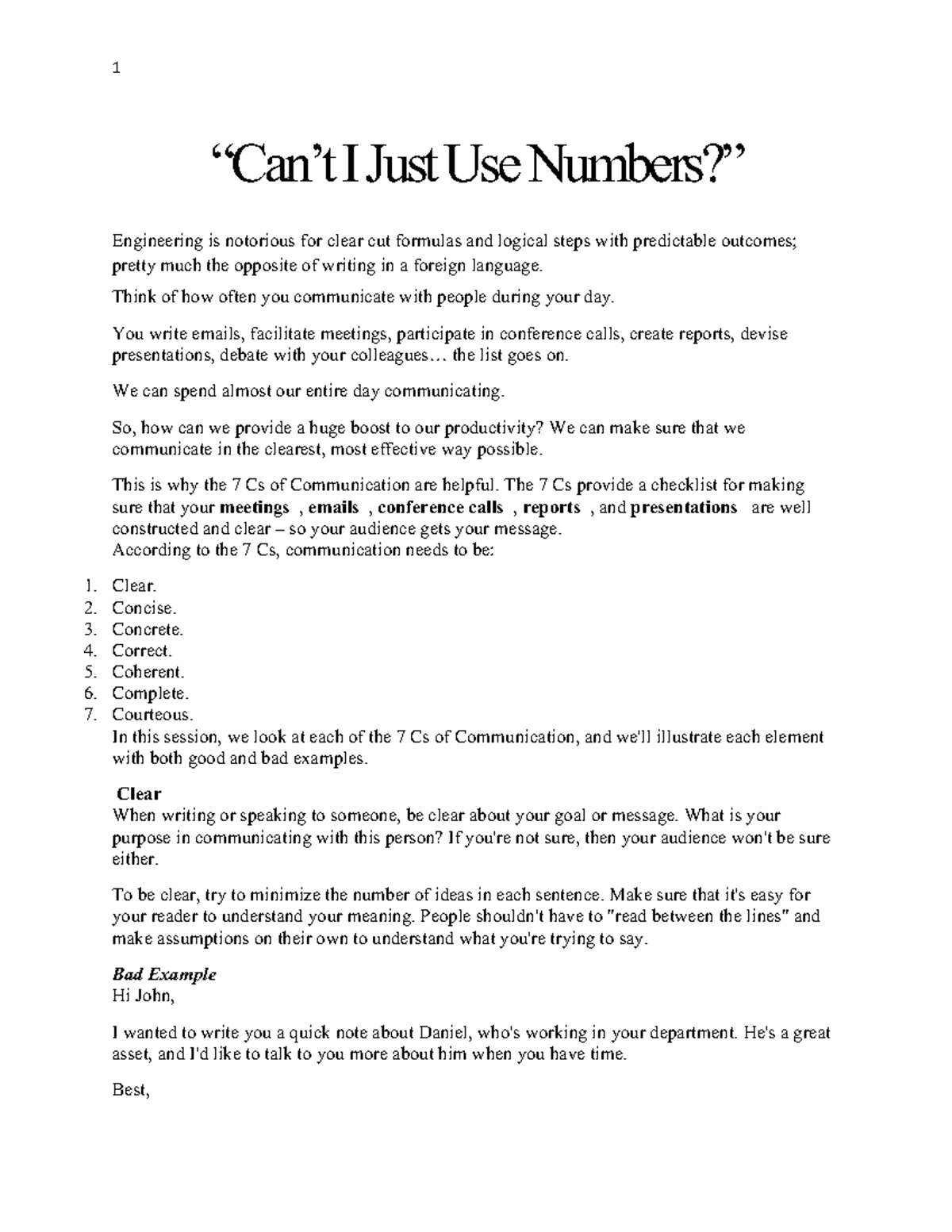 Notes on 7Cs - “Can’t I Just Use Numbers?” Engineering is notorious for ...
