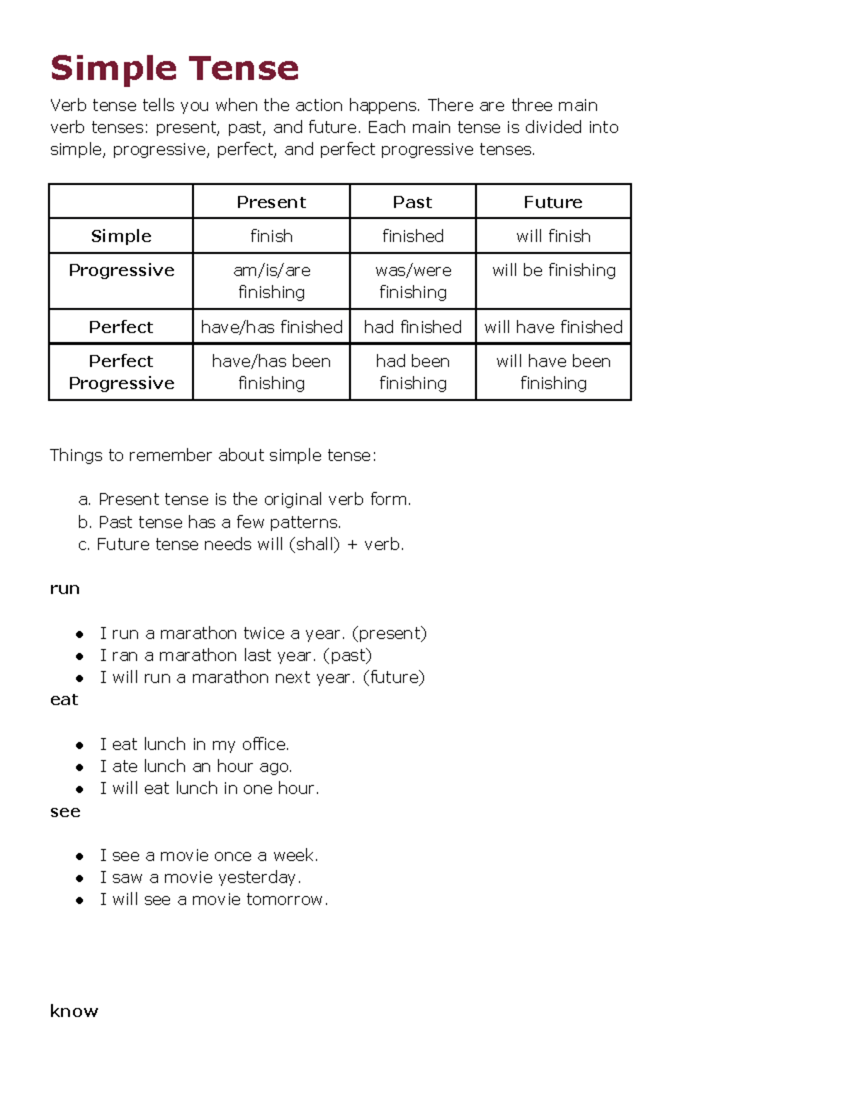 Grammar Tense - Simple Tense Verb tense tells you when the action ...