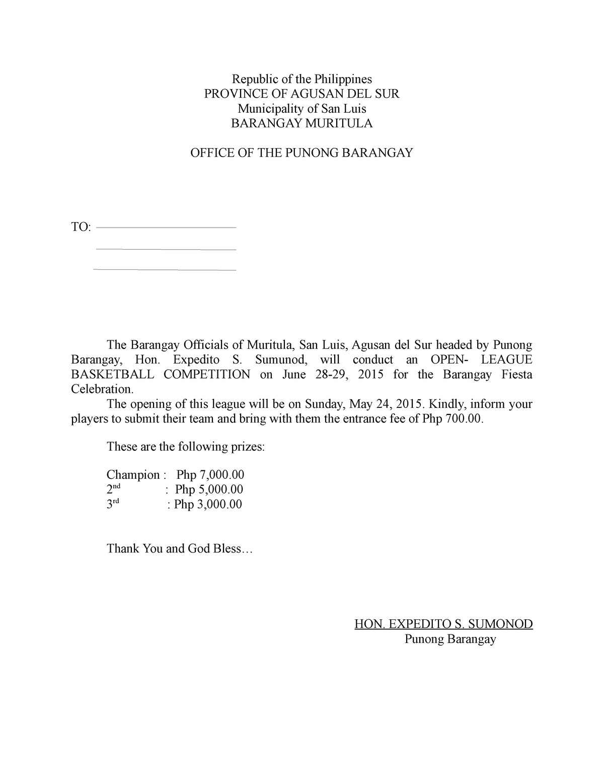 Barangay Silicitation Republic of the Philippines PROVINCE OF AGUSAN DEL SUR Municipality of