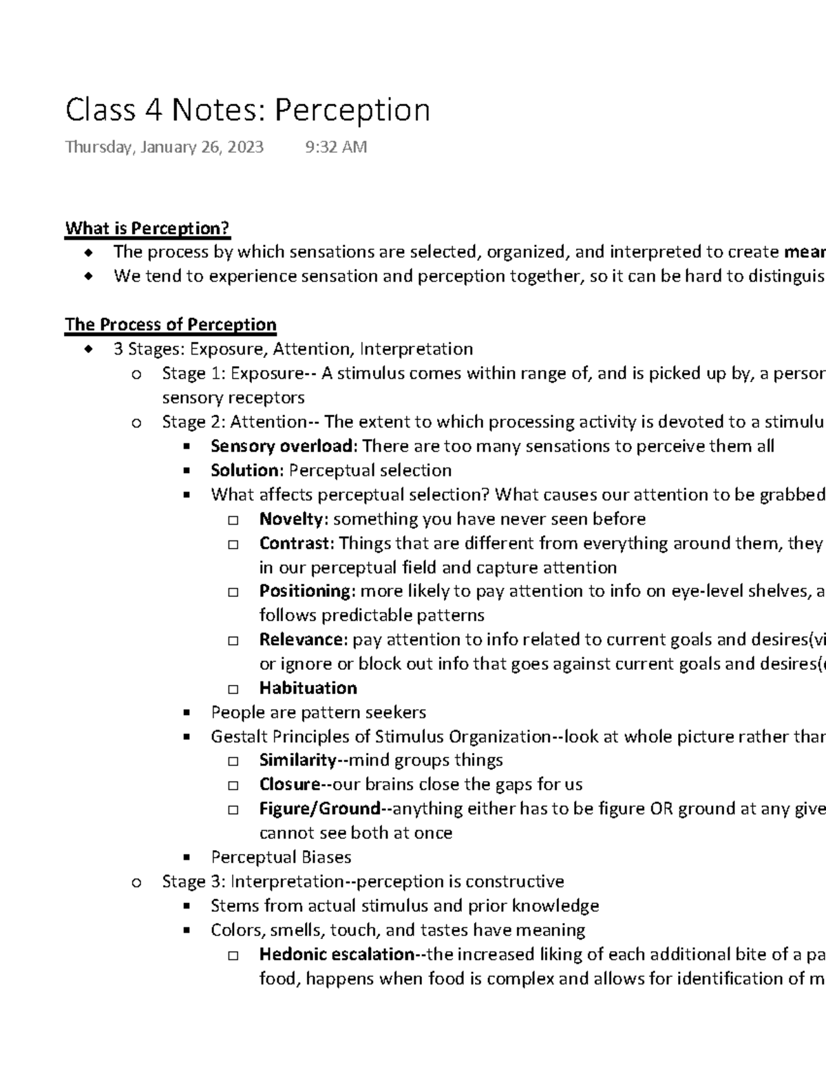 Class 4 Notes Perception - What Is Perception? W The Process By Which ...