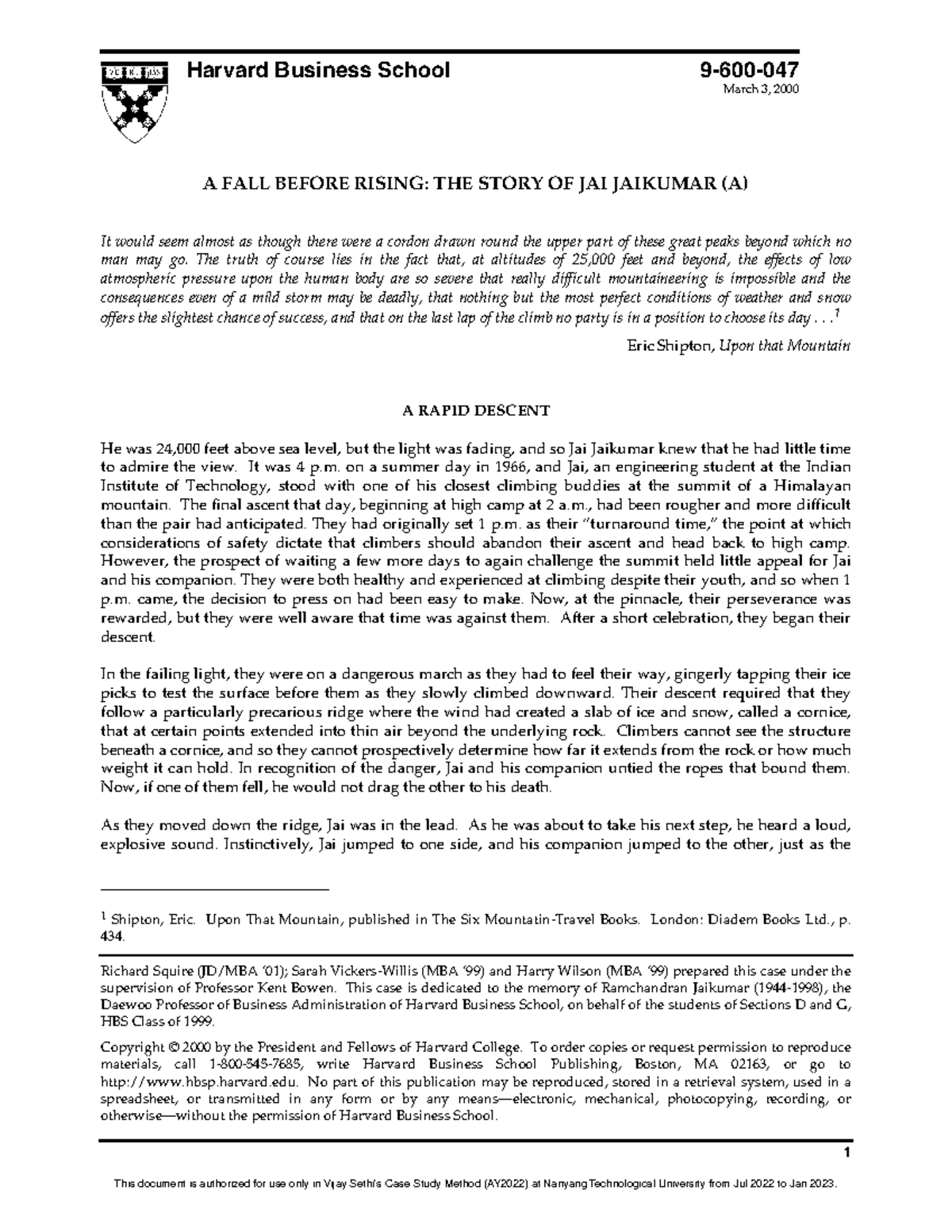 A FALL Before Rising - THE Story OF JAI Jaikumar (A) - Harvard Business ...