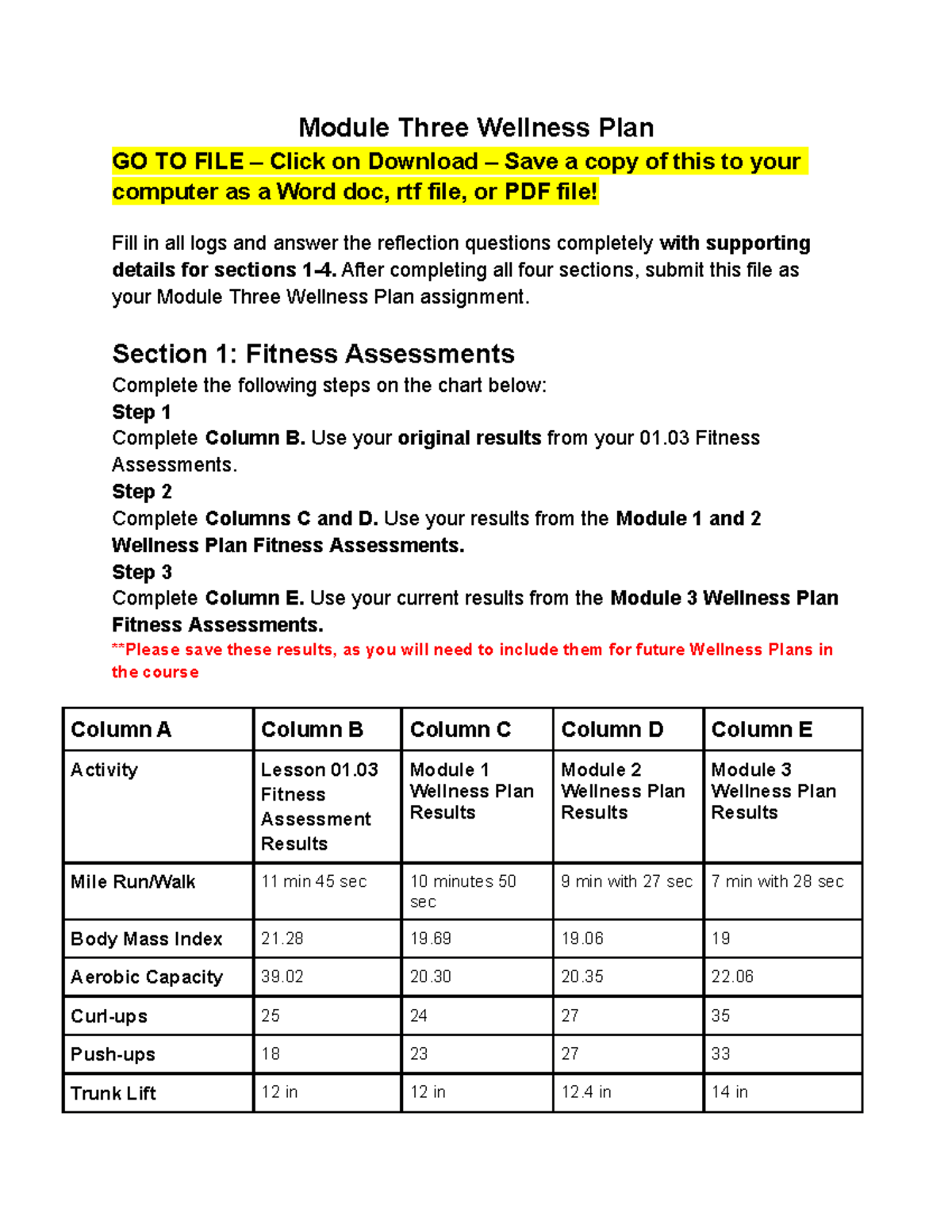 Copy Of Module Three Wellness Plan - Module Three Wellness Plan GO TO ...