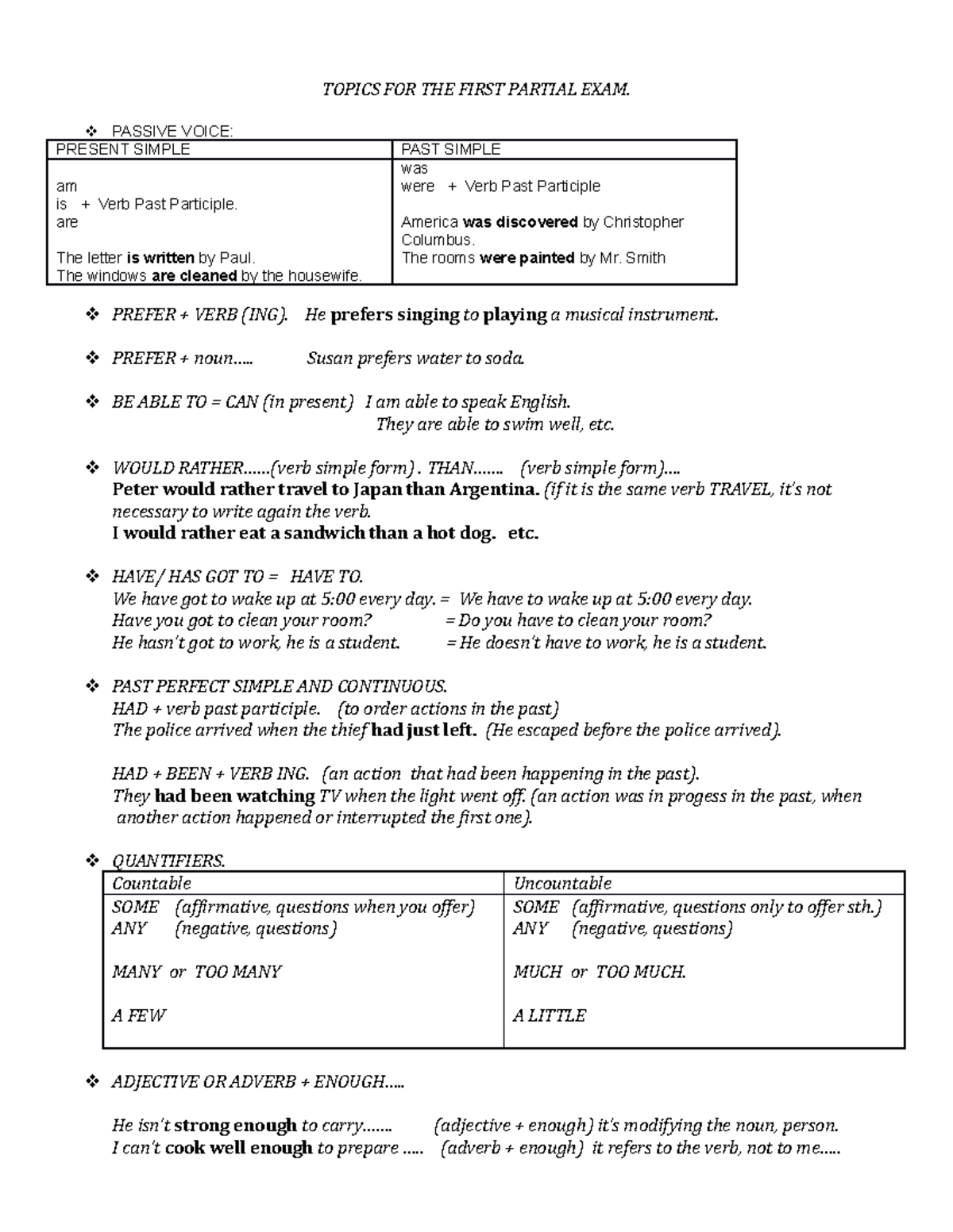 Topics FOR THE First Partial EXAM - TOPICS FOR THE FIRST PARTIAL EXAM ...