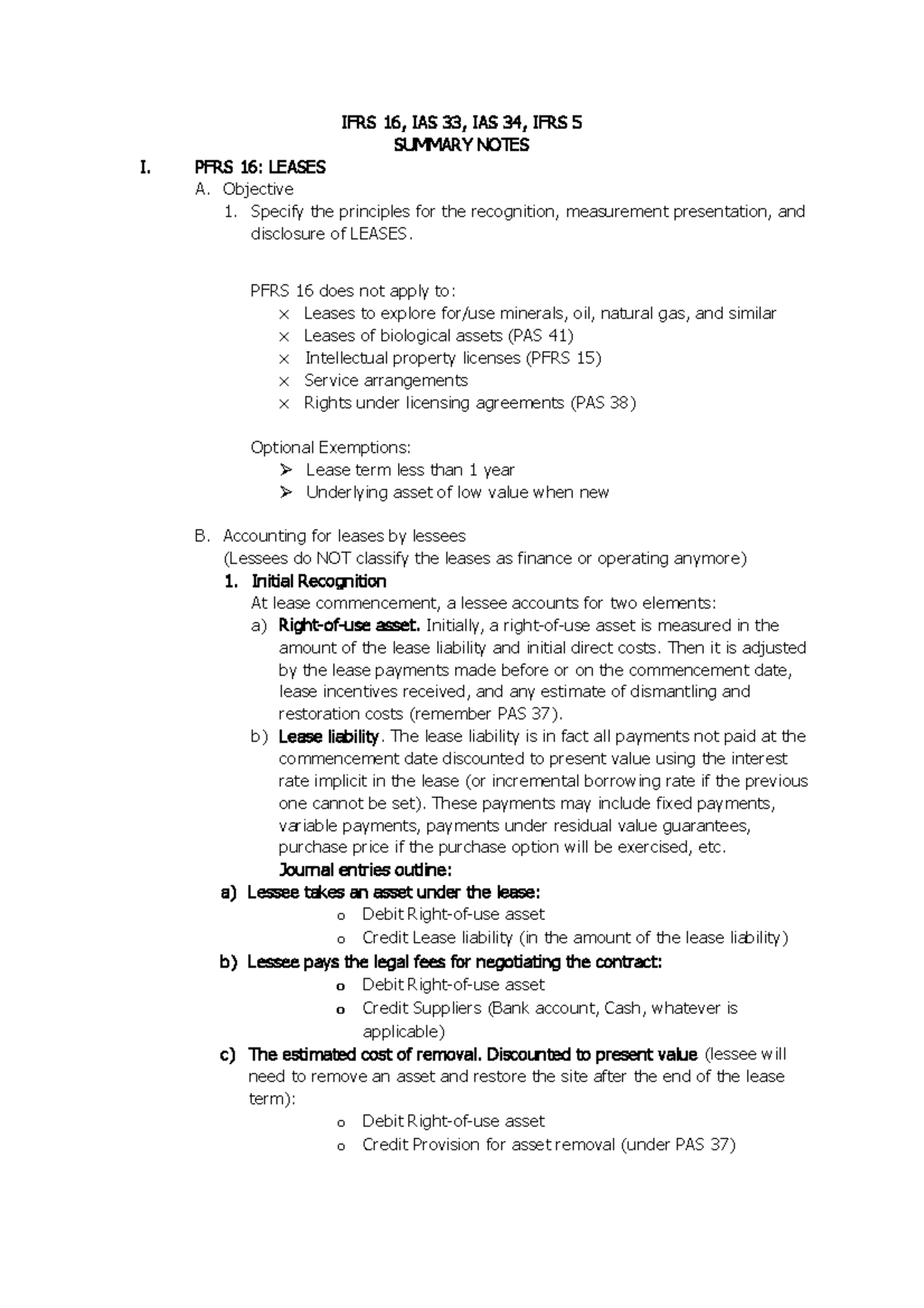 IFRS 16, IAS 33, IAS 34, IFRS 5 Summary Notes - IFRS 16, IAS 33, IAS 34 ...