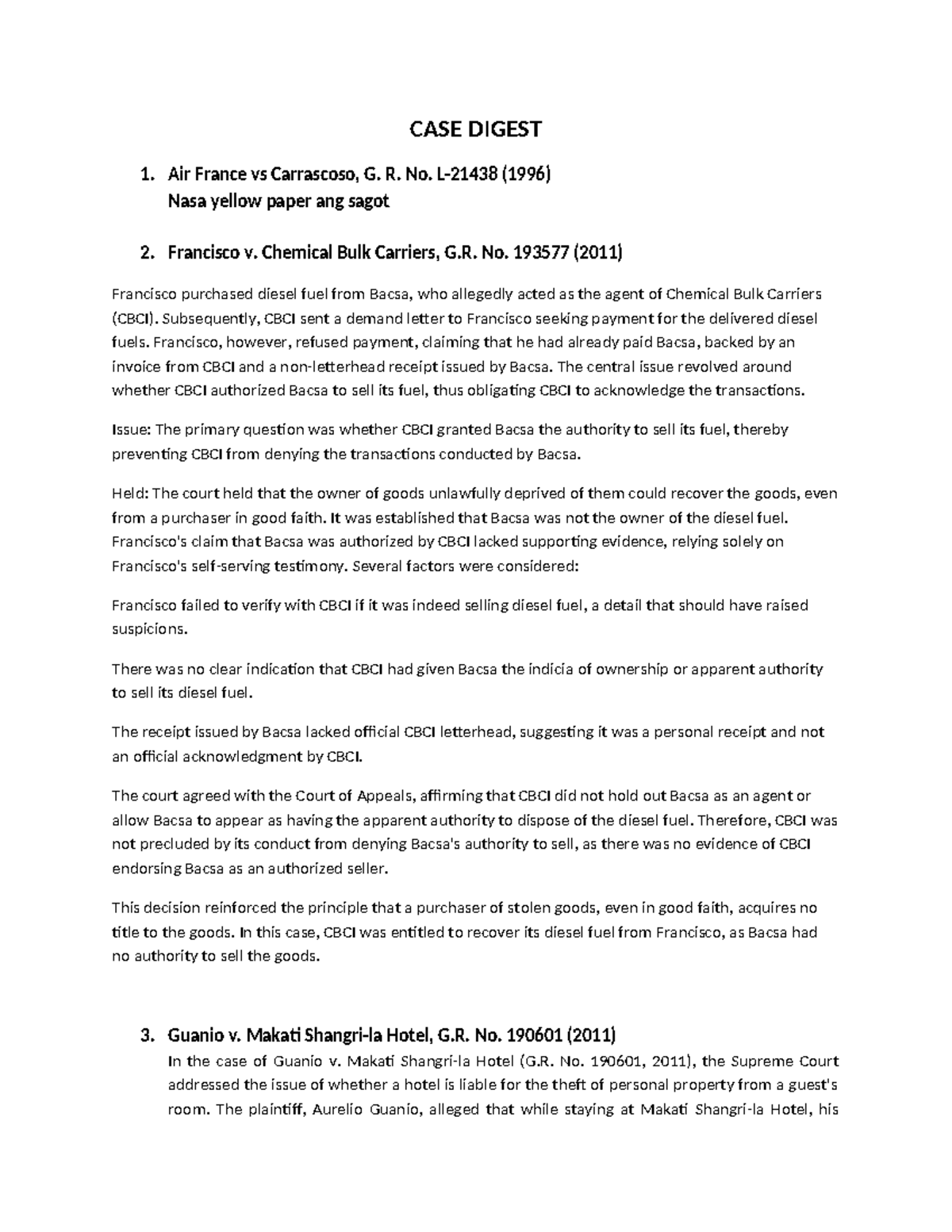 CASE- Digest - Law - CASE DIGEST 1. Air France vs Carrascoso, G. R. No ...