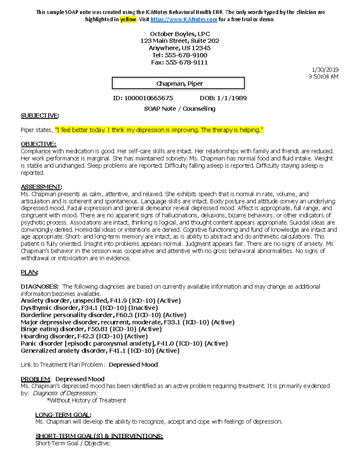 Counseling Soap Note Example Studocu