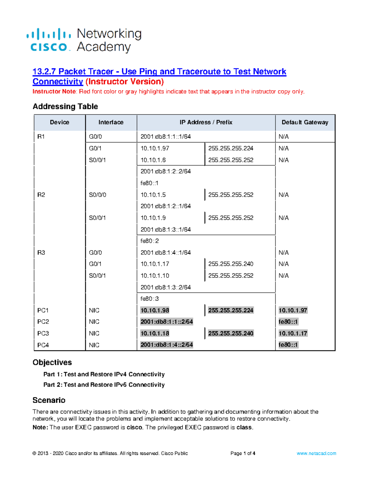 13.2.7 Packet Tracer - Use Ping and Traceroute to Test Network ...
