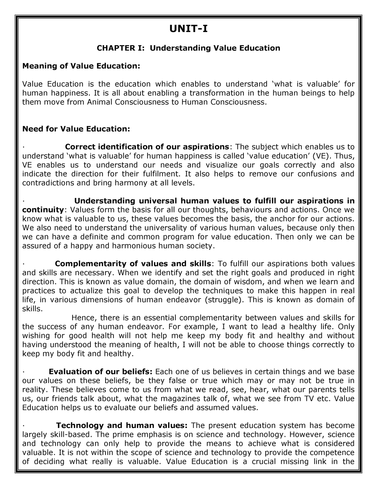 Uhvpe Notes Pdf UNIT I CHAPTER I Understanding Value Education 