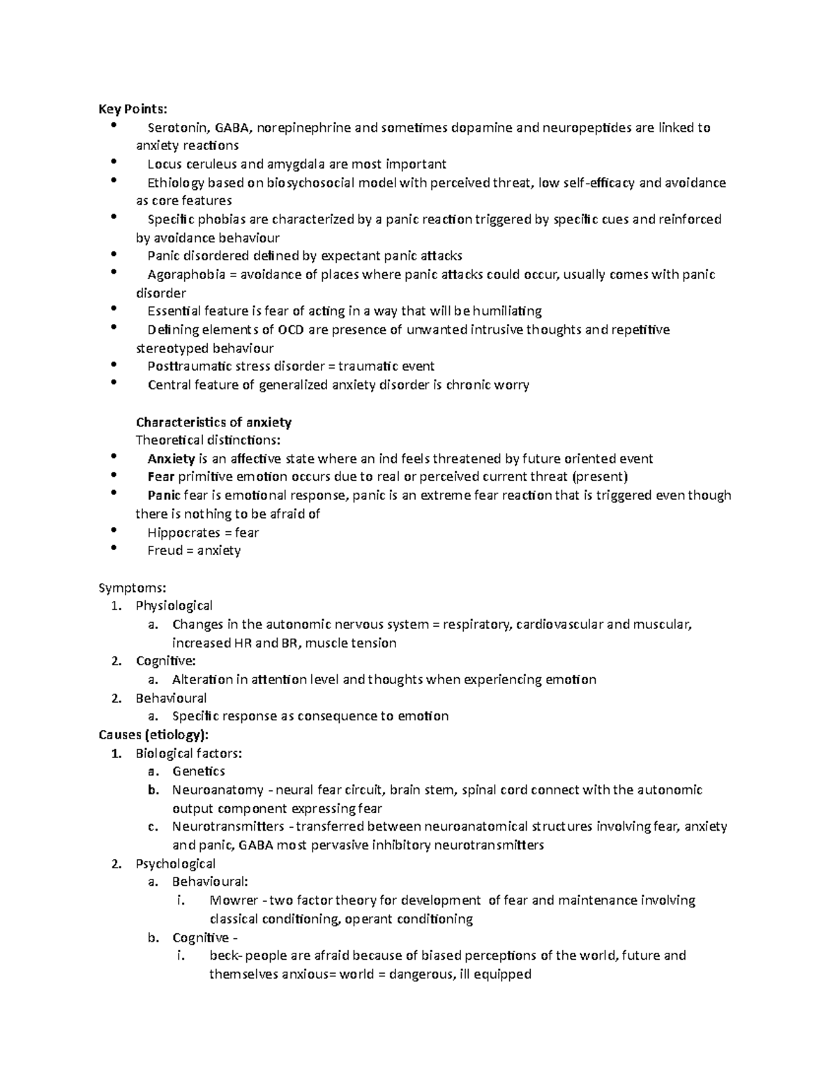 Anxiety Disorders Week 4 - Key Points: Serotonin, GABA, norepinephrine ...