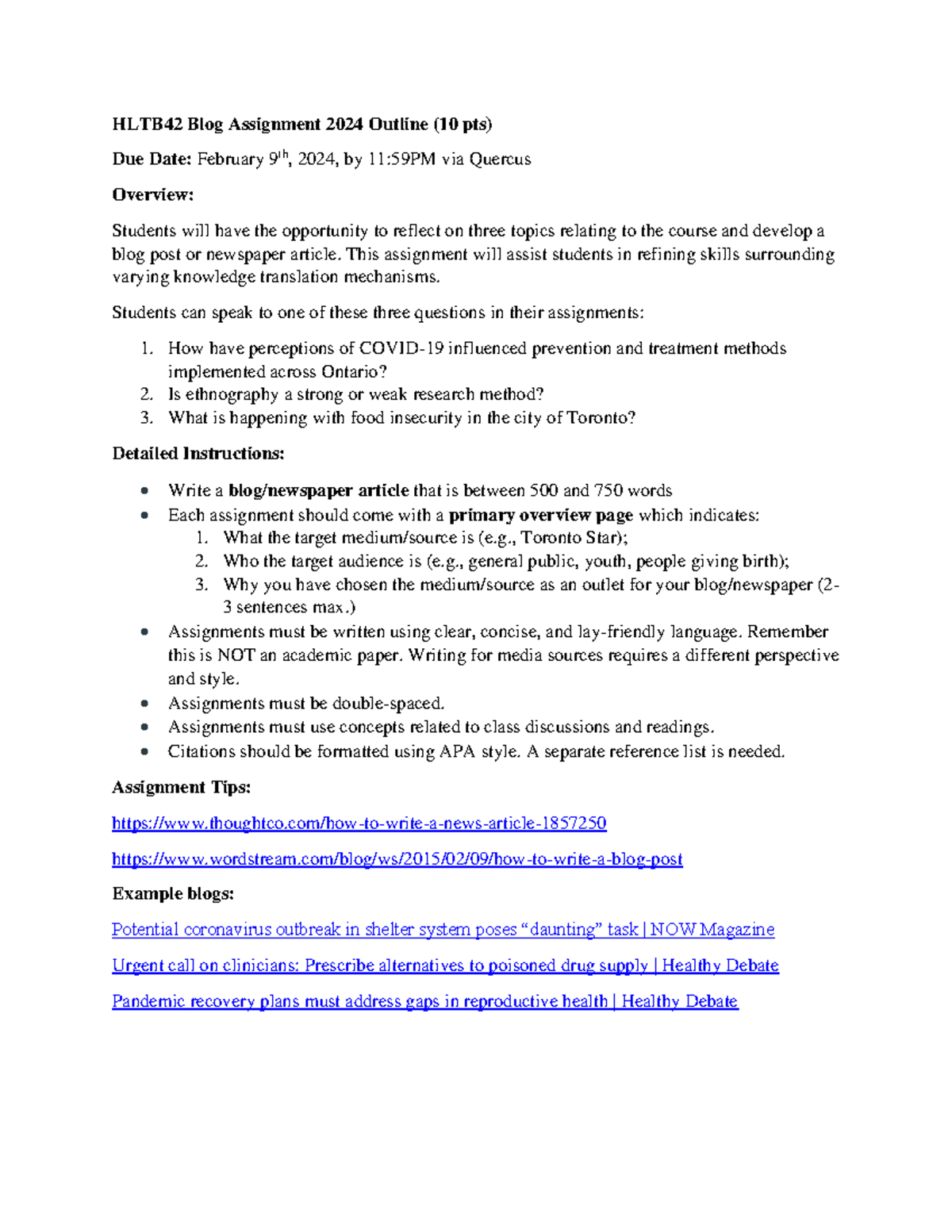 HLTB42 Blog Assignment 2024 Outline - HLTB42 Blog Assignment 202 4 ...