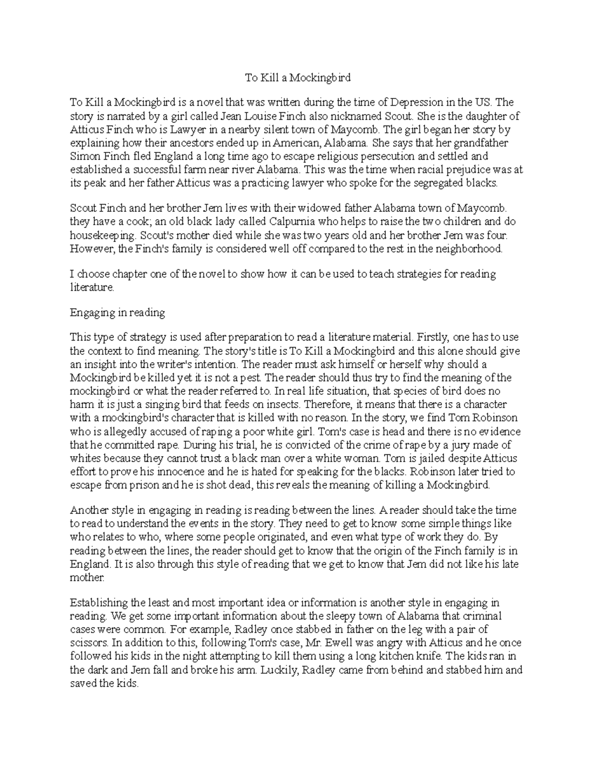 To Kill a Mockingbird - The paper provides an analysis of Chapter One ...
