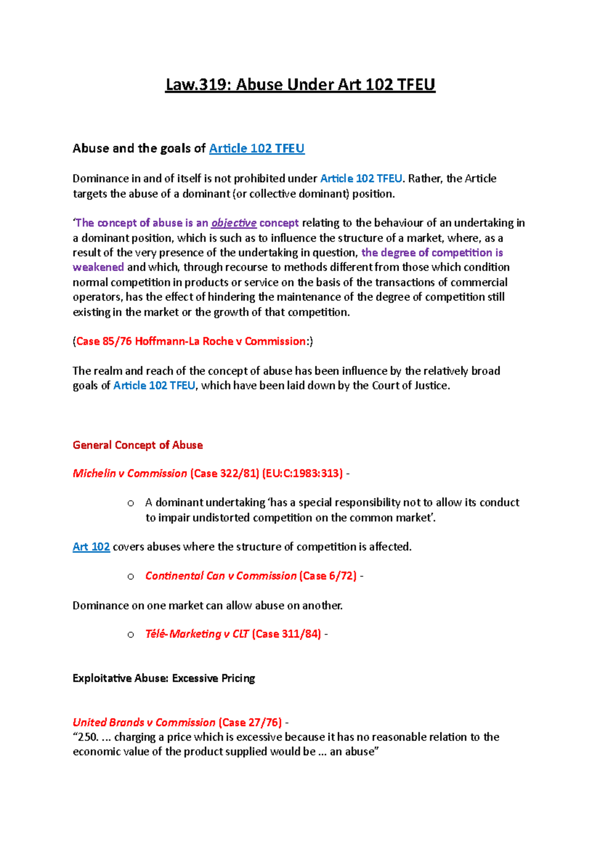 Abuse Of Market - Lecture Notes - Law: Abuse Under Art 102 TFEU Abuse ...