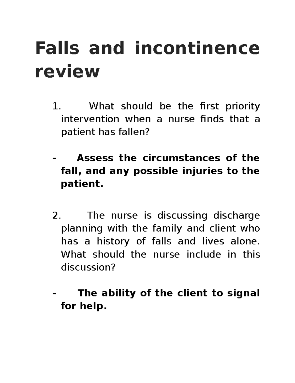Falls and incontinence review SEM 2 Falls and incontinence review