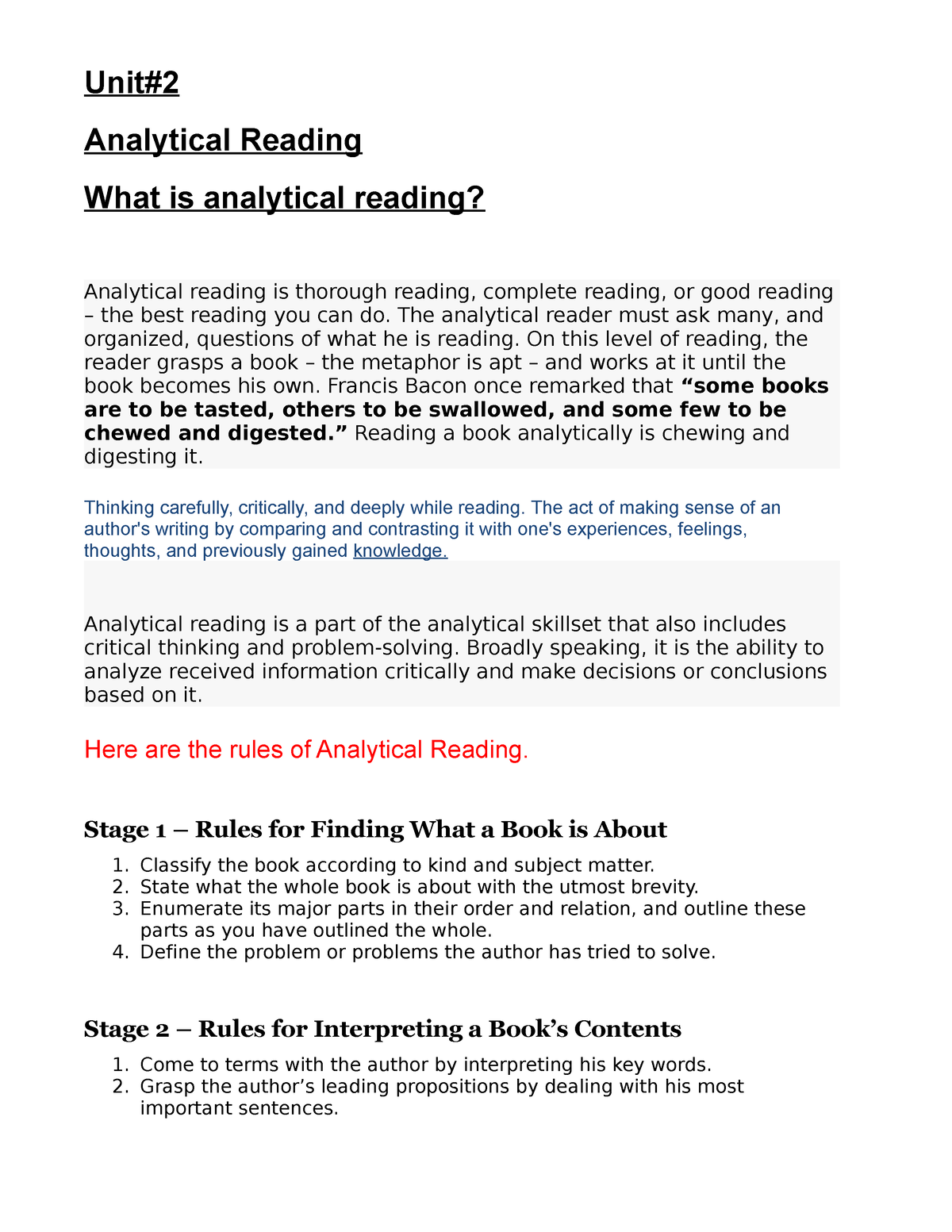 Analytical Reading - Gerhrre - Unit# Analytical Reading What Is ...