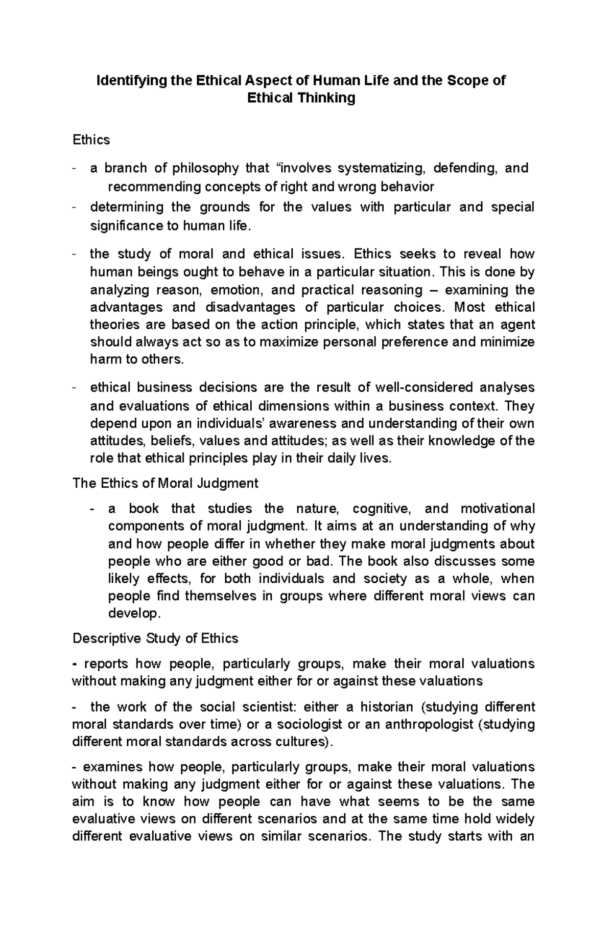 Identifying the Ethical Aspect of Human Life and the Scope of Ethical ...