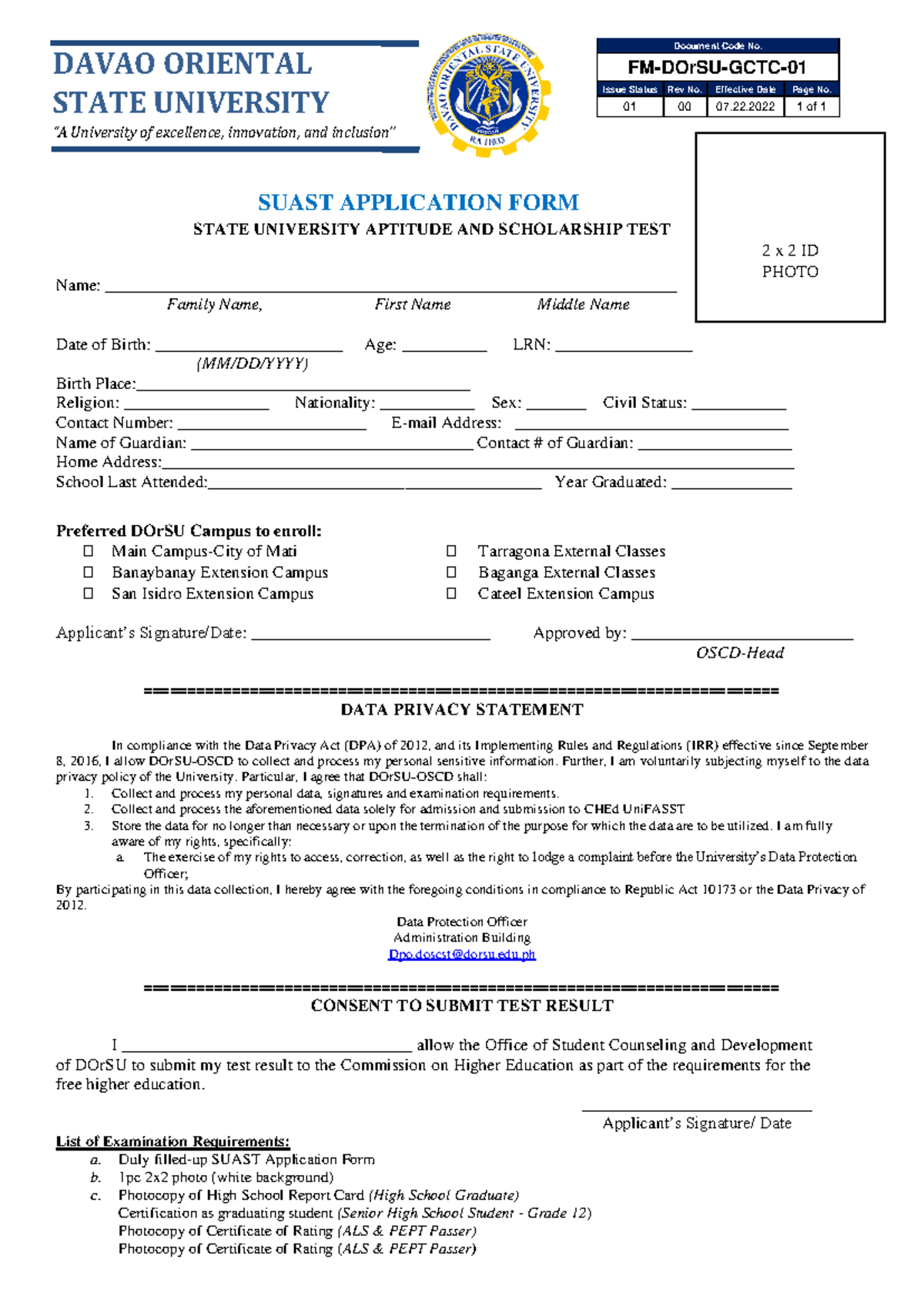 2024-FM-DOr SU-GCTC-01 Suast Application Form - Document Code No. FM ...