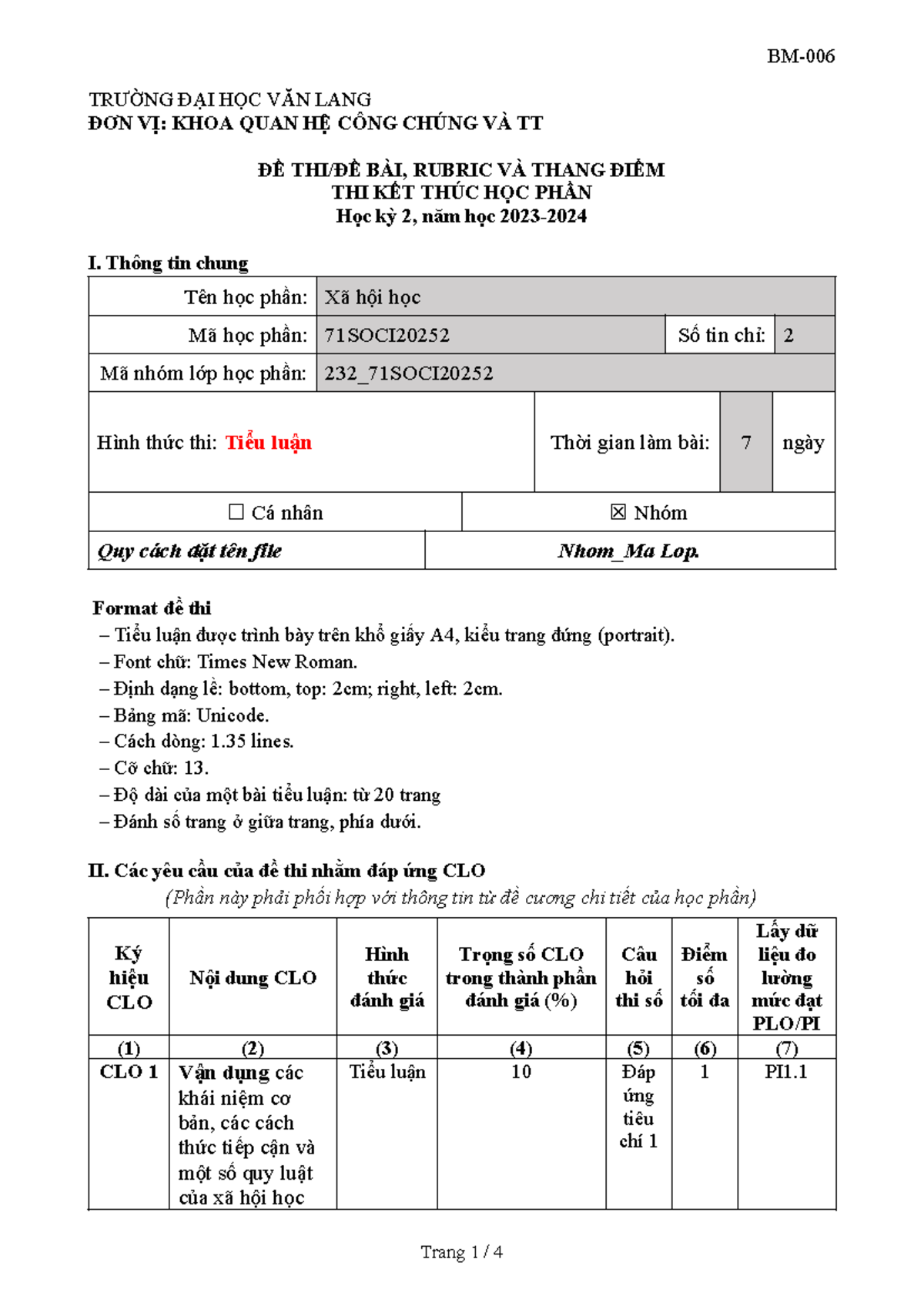 232 DE THI XA HOI HOC - TRƯỜNG ĐẠI HỌC VĂN LANG ĐƠN VỊ: KHOA QUAN HỆ ...